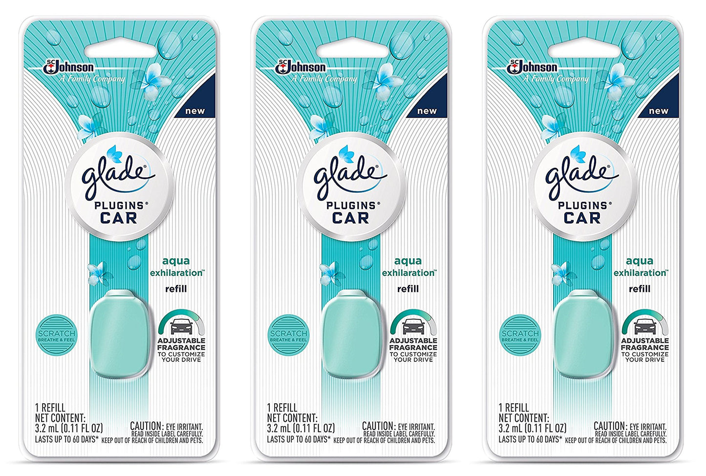 Glade Plugins Car Refill - Aqua Exhilaration - Net Wt. 3.2 mL (0.11 FL OZ) Per Refill - Pack of 3 Refills