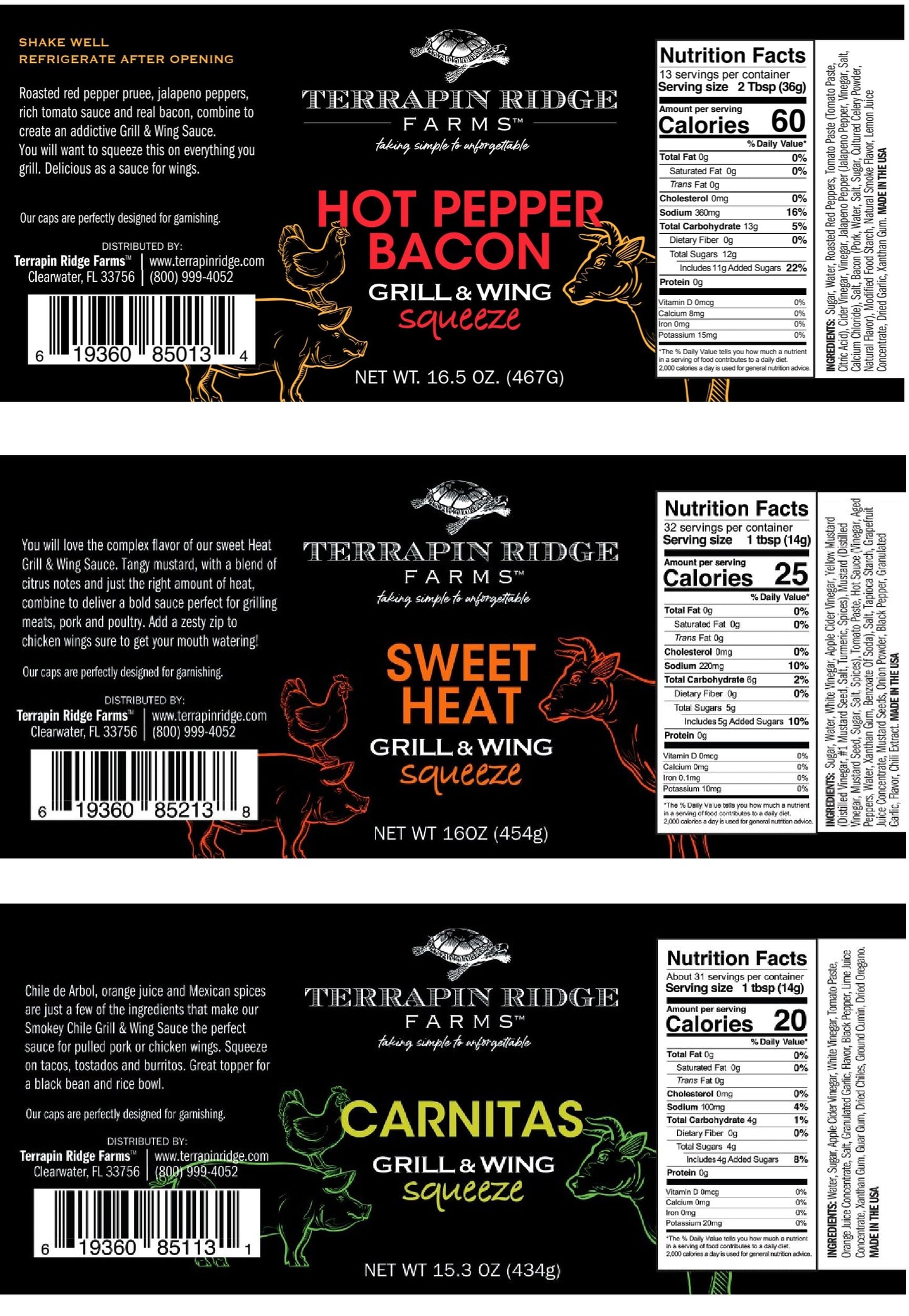 Terrapin Ridge Farms Grill Master Assortment - Sweet Heat, Hot Pepper Bacon, and Carnitas Grill & Wing Sauces - Gourmet BBQ Sauce Trio for Meats