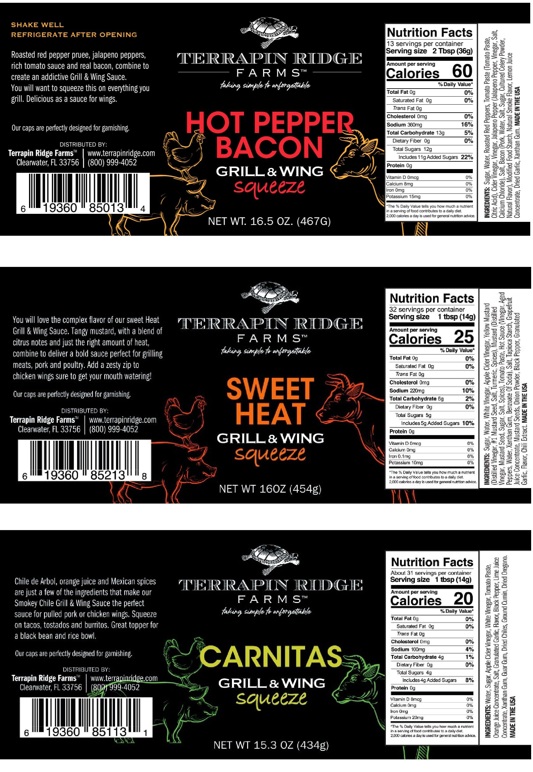 Terrapin Ridge Farms Grill Master Assortment - Sweet Heat, Hot Pepper Bacon, and Carnitas Grill & Wing Sauces - Gourmet BBQ Sauce Trio for Meats