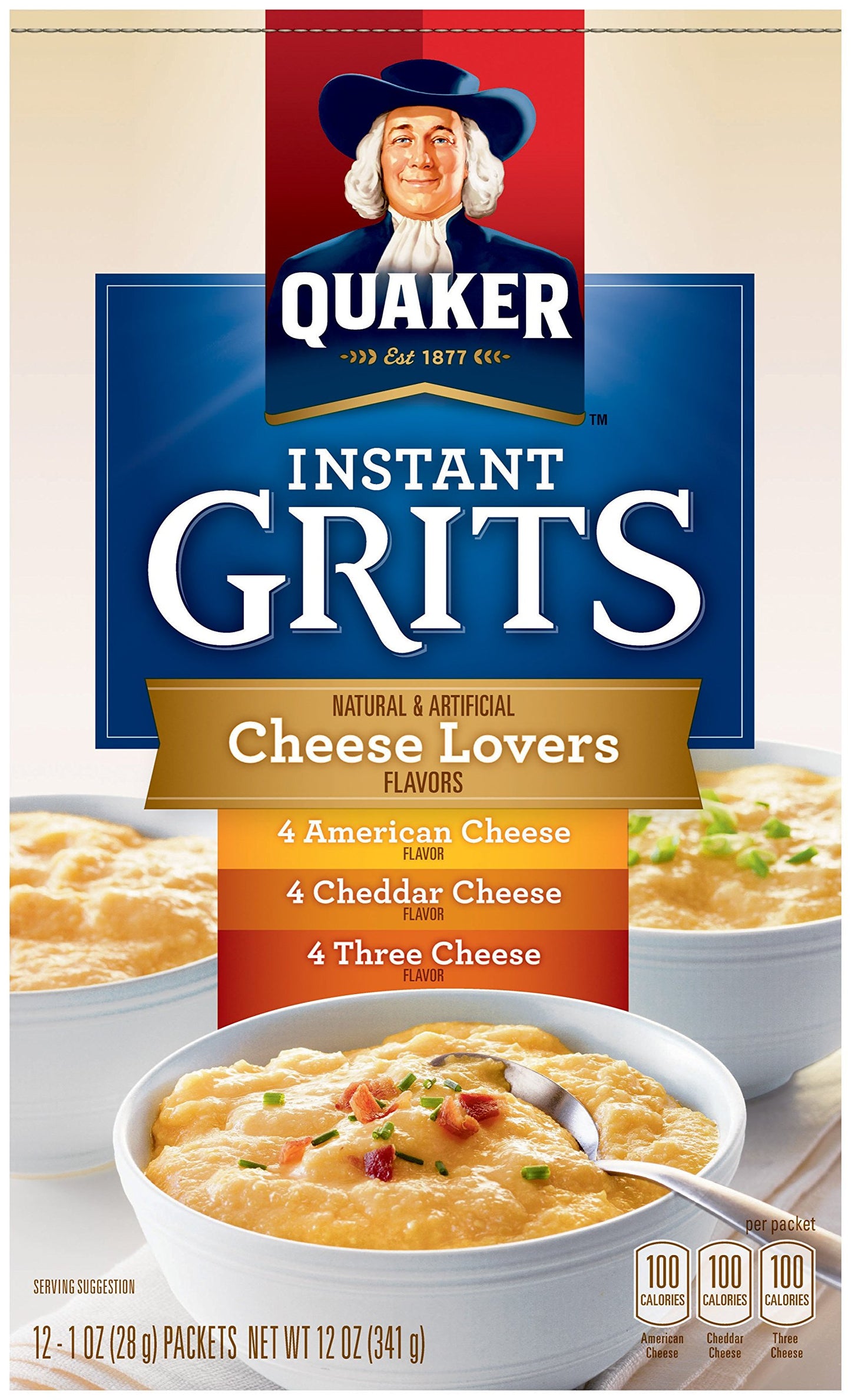 Quaker Instant Grits Cheese Lovers, Variety Pack, 12 Packets Per Box (Pack of 12 Boxes)