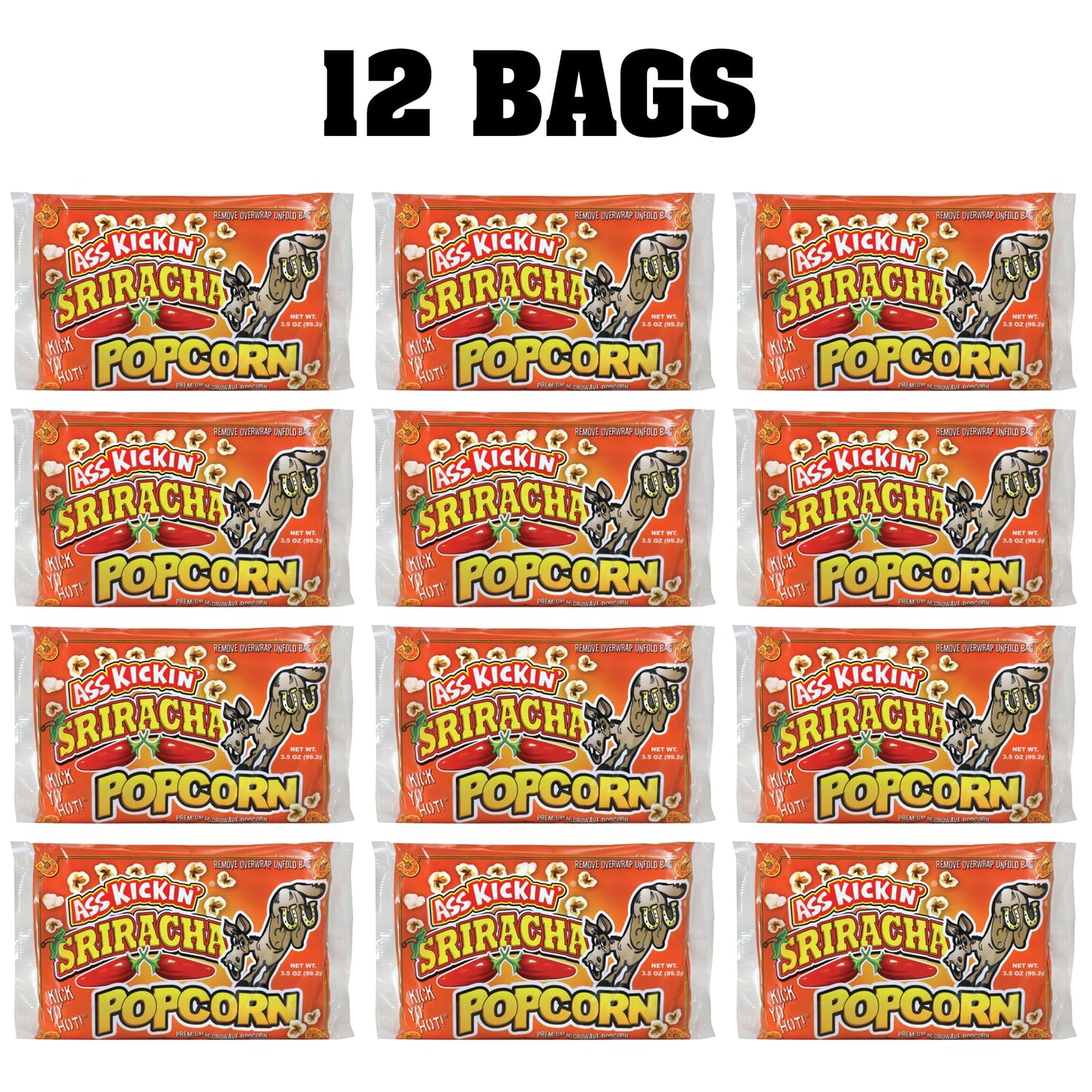 KICKIN' Sriracha Microwave Popcorn Bags - 12 Pack - Ultimate Spicy Popcorn Gourmet Gift - Makes a Great Movie Theater Popcorn or Sriracha Snack Food
