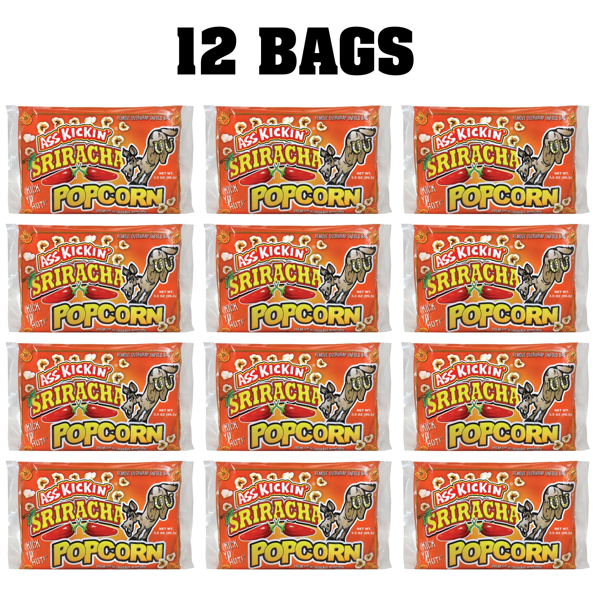 KICKIN' Sriracha Microwave Popcorn Bags - 12 Pack - Ultimate Spicy Popcorn Gourmet Gift - Makes a Great Movie Theater Popcorn or Sriracha Snack Food