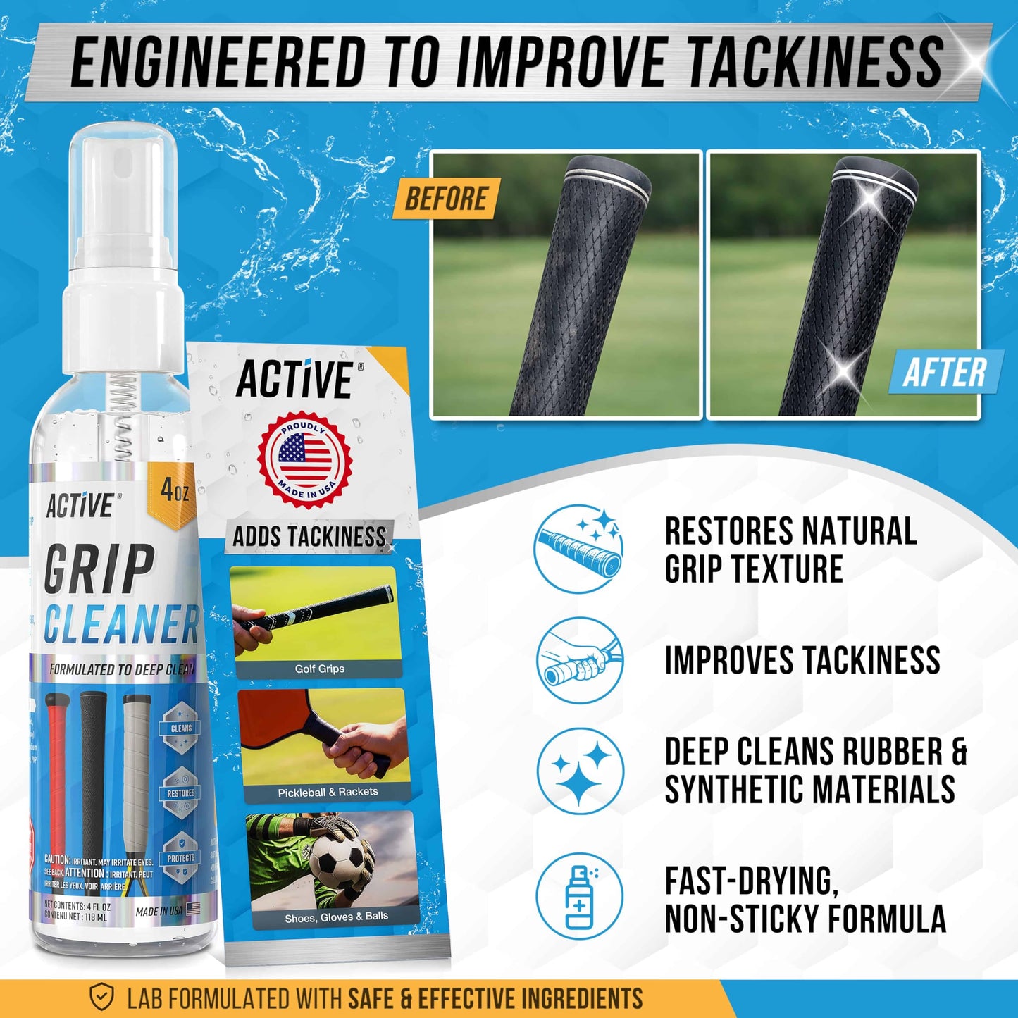 ACTIVE Grip Cleaner & Restore Spray - 2-in-1 Grip Spray for Basketball Shoes, Golf Club Cleaner, Pickleball Paddle Reset, Football Glove Boost