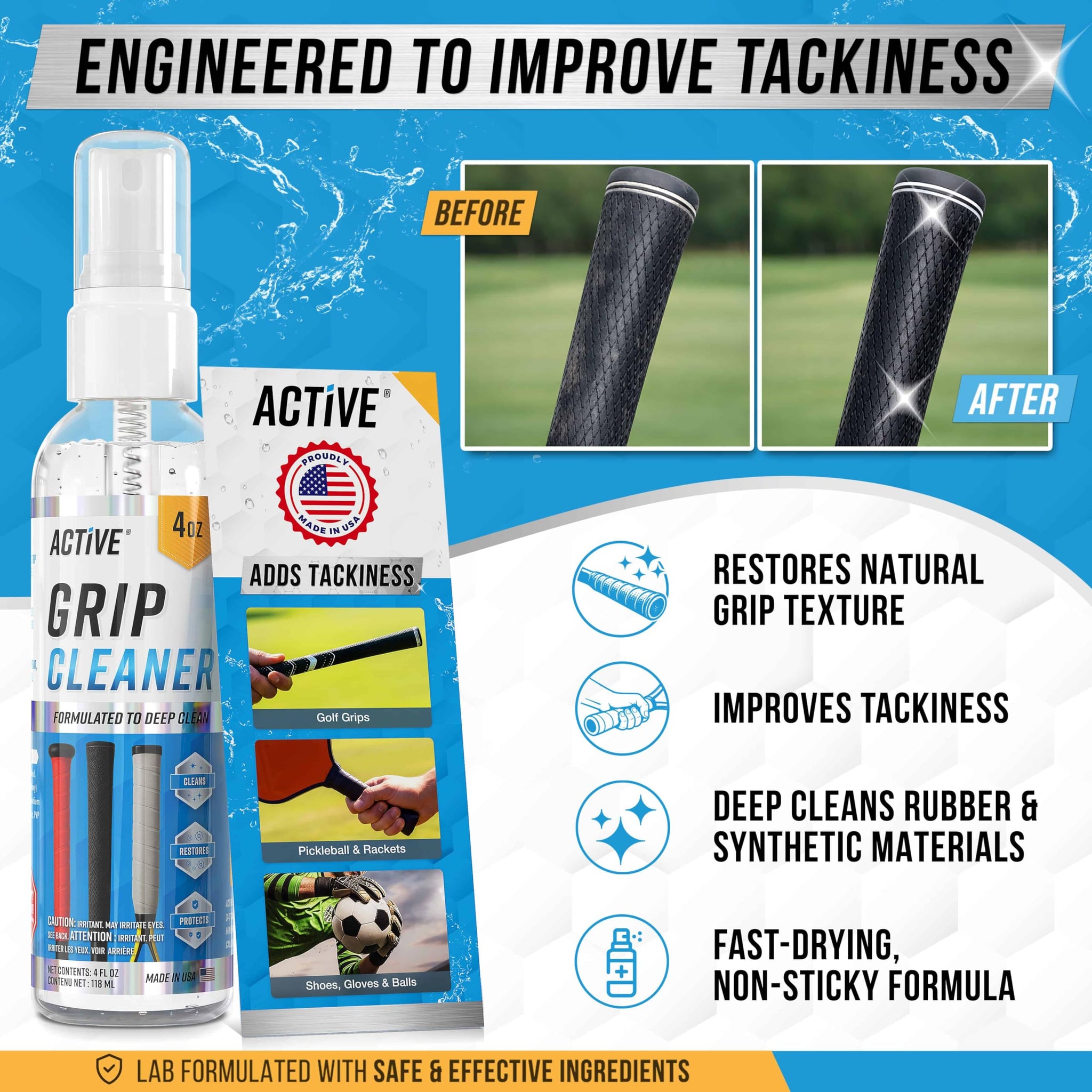 ACTIVE Grip Cleaner & Restore Spray - 2-in-1 Grip Spray for Basketball Shoes, Golf Club Cleaner, Pickleball Paddle Reset, Football Glove Boost