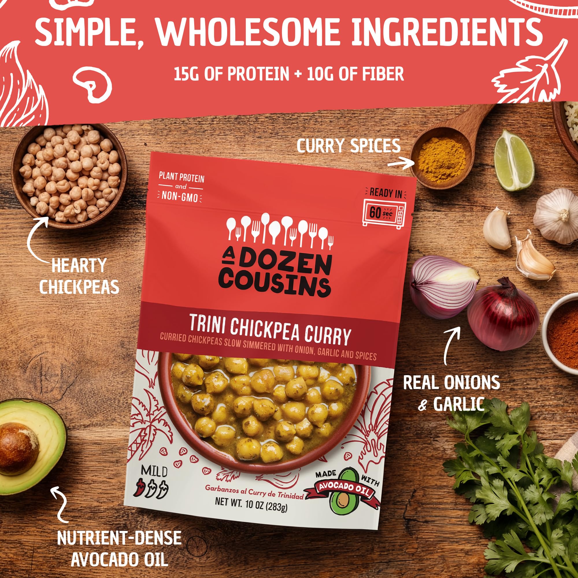 A Dozen Cousins Trini Chickpea Curry Beans (6-Pack) Prepared Food Pouch, Ready to Eat Meal in Seasoned Avocado Oil, Premade Microwave Meal, Instant
