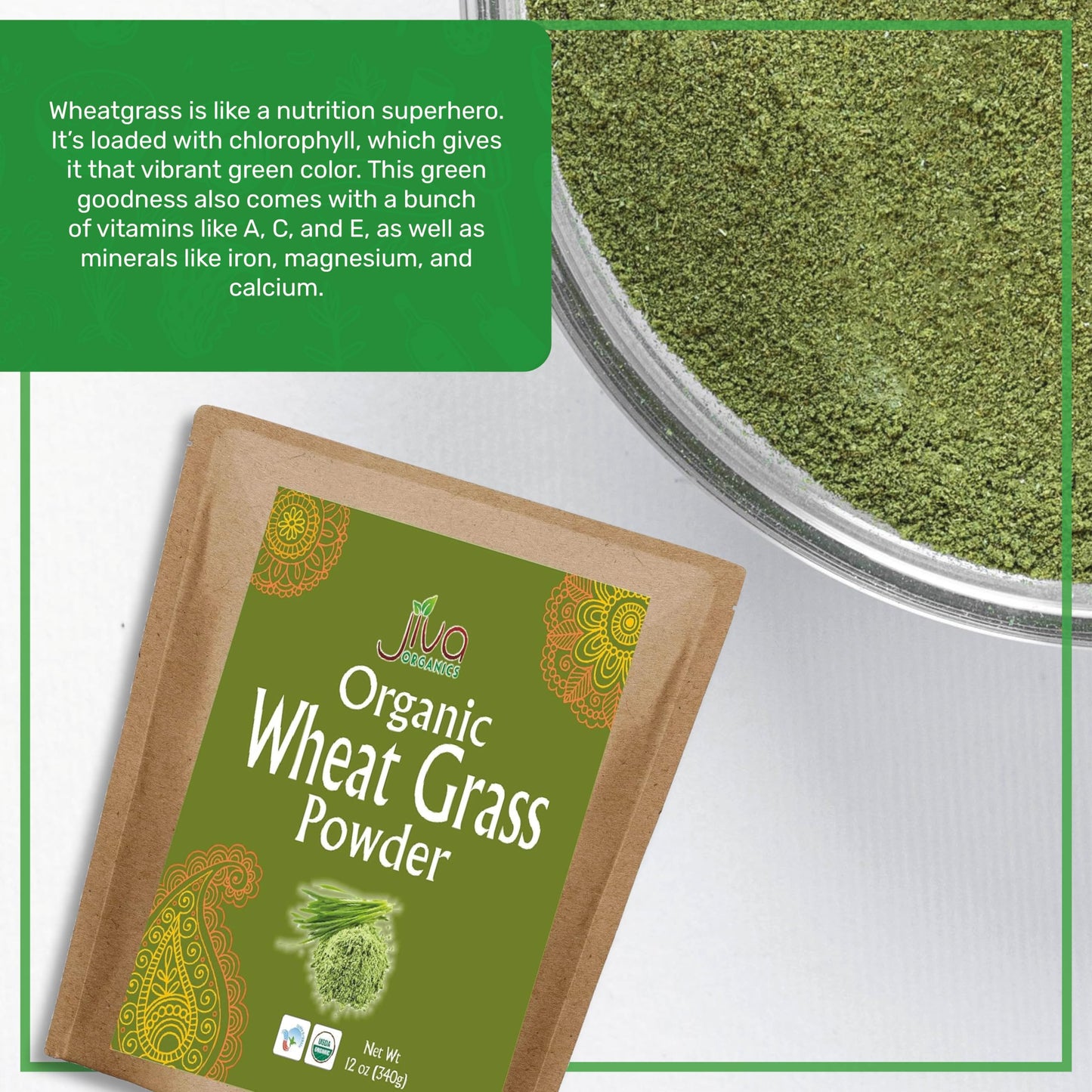 Jiva Organics Wheatgrass Juice Powder 12 Ounce Bulk Kraft Bag - from Whole Leaf - Rich in Fibers and Minerals, Non-GMO and Vegan