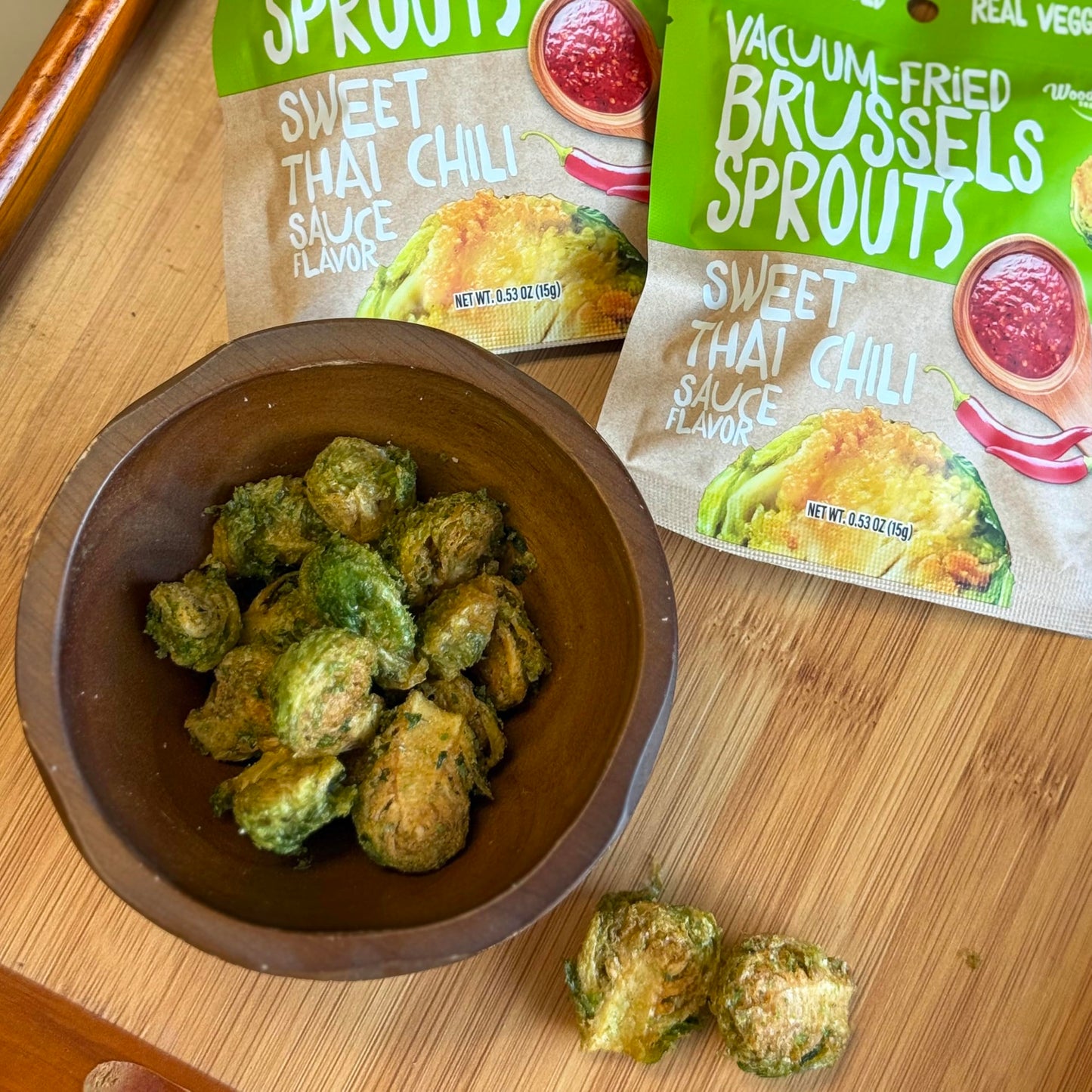 Woodridge Snacks | Vacuum Fried Brussels Sprouts | Thai Chili Sauce Flavor | 6 Pack | 0.35 OZ (10g) Single-Serve Bags