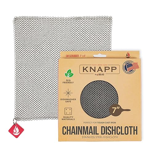 Knapp Made Chainmail Dishcloth 7”x5” - Replace Your Dirty Sponge - All Purpose Kitchenware, Pots & Pans Cleaner - Lasts a Lifetime