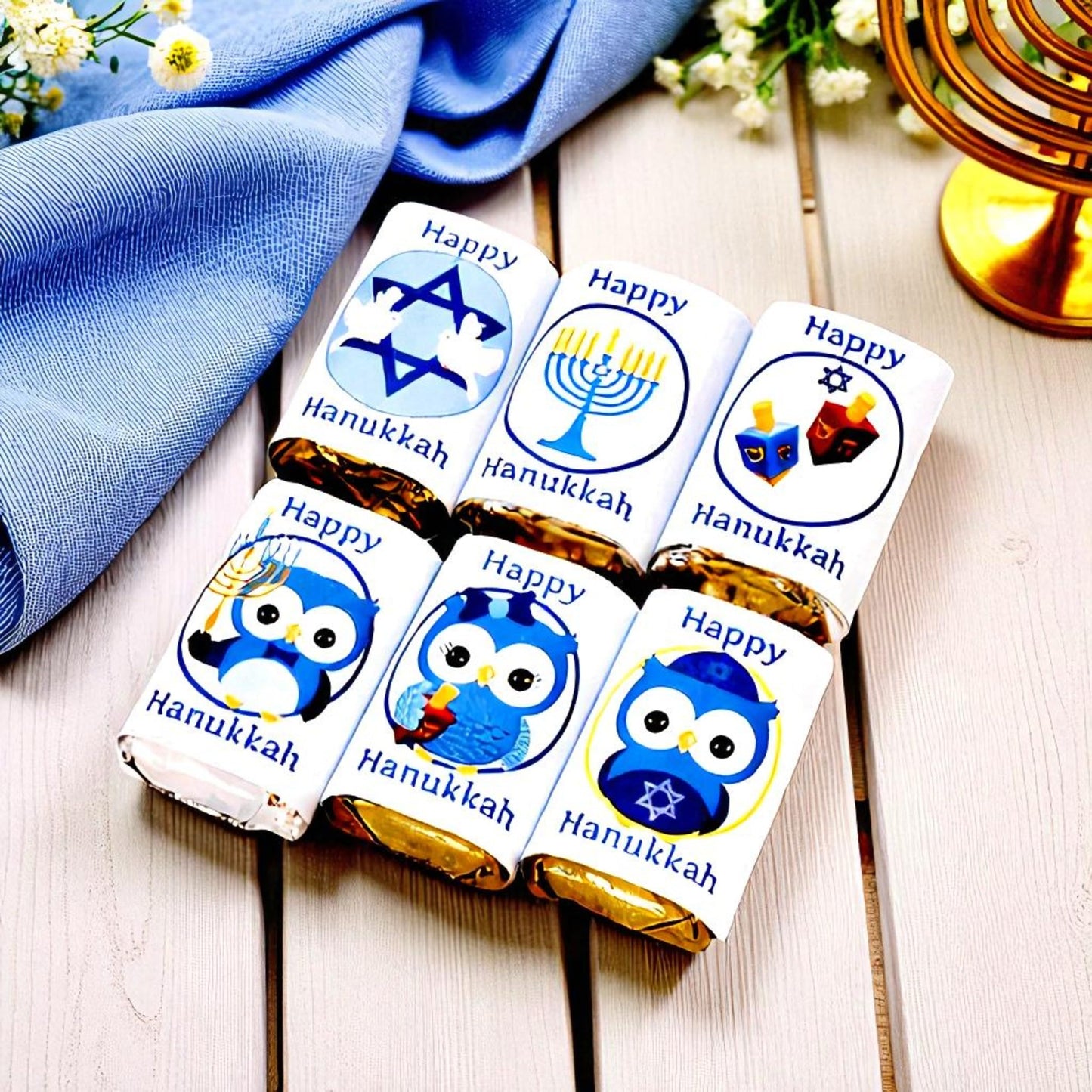 Hanukkah Stickers - 54 Owl Theme Party Favor Labels for Gift Bags, Jewish Holiday Decorations, Chanukah Celebration Supplies