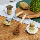 VRUPINZE Natural Bamboo Dish Brush Bottle Scrub Brush 4-Piece Set, with Ceramic Soap Dispenser - Wooden Washing Up Brushes with Sturdy Handles