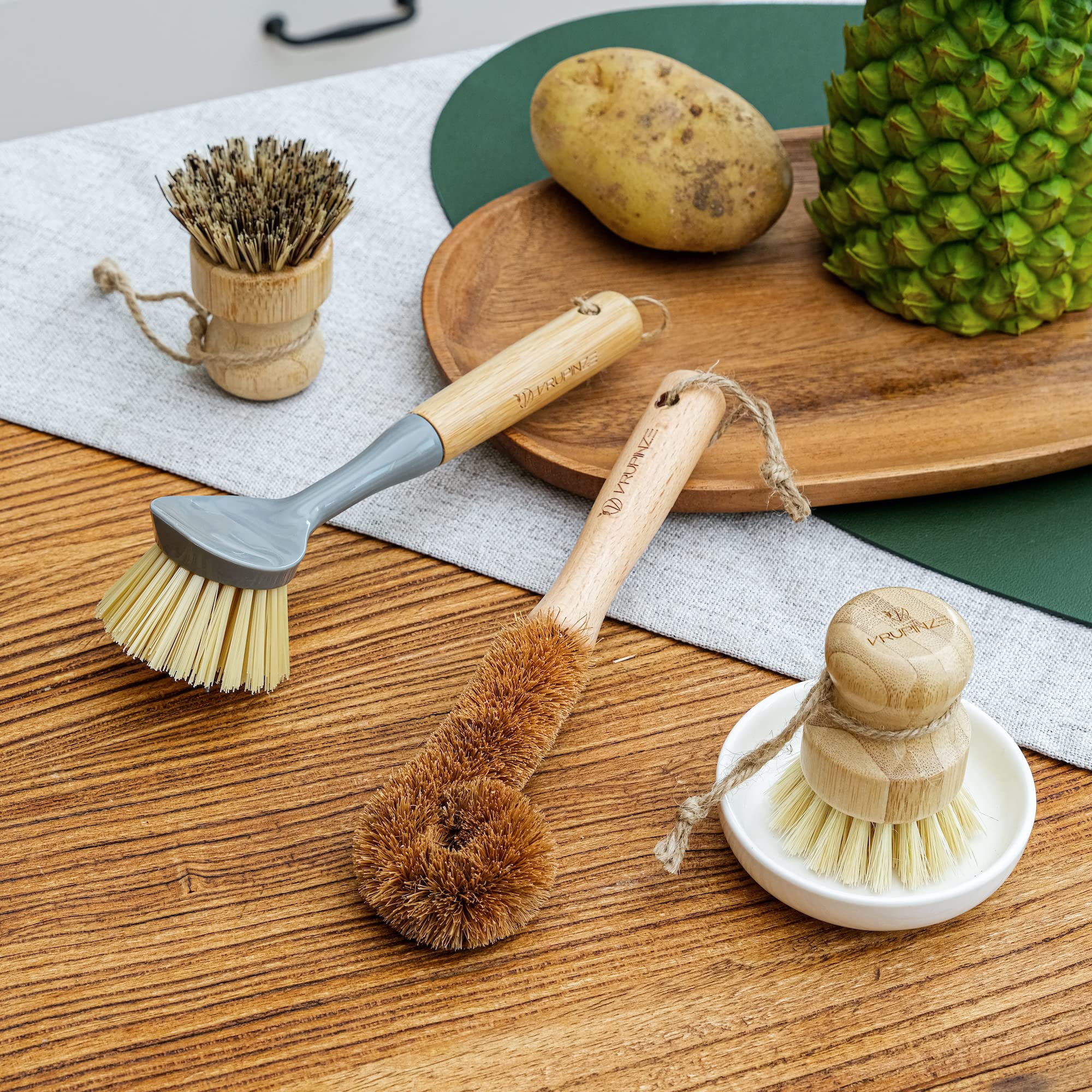 VRUPINZE Natural Bamboo Dish Brush Bottle Scrub Brush 4-Piece Set, with Ceramic Soap Dispenser - Wooden Washing Up Brushes with Sturdy Handles