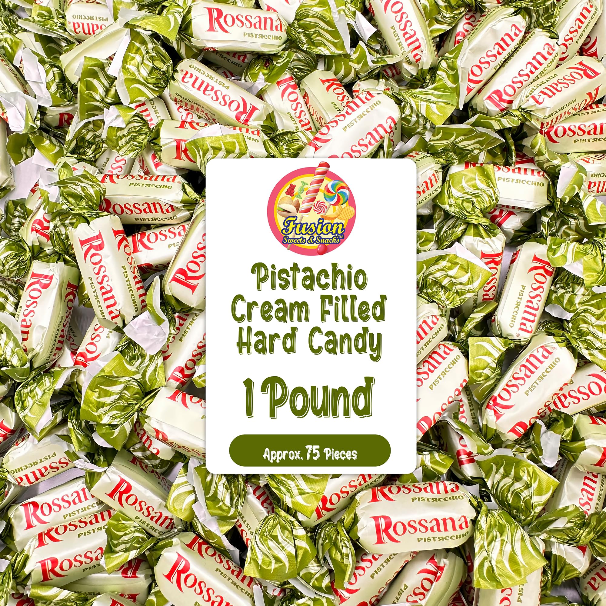 Rossana Pistachio Candy - 1 Pound Bag - Italian Hard Candy Individually Wrapped - Classic Pistachio Treat - Puntini Style Sweets - Authentic Italian
