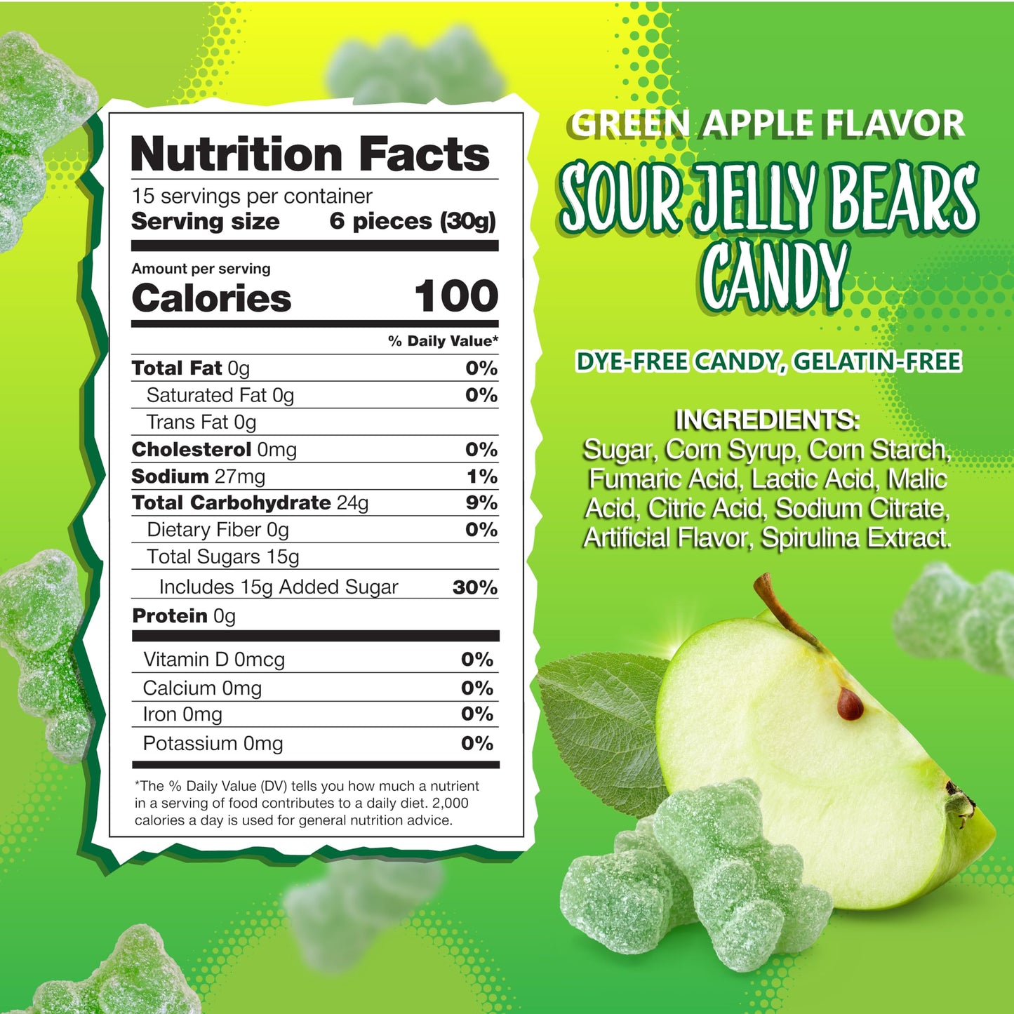 Sour Bears Gummy Candy | 1 Pound Bag | Dye Free Candy | Gelatin Free Soft Green Candies | Jelly Bears for Candy Buffets & Dessert Decorating | Green