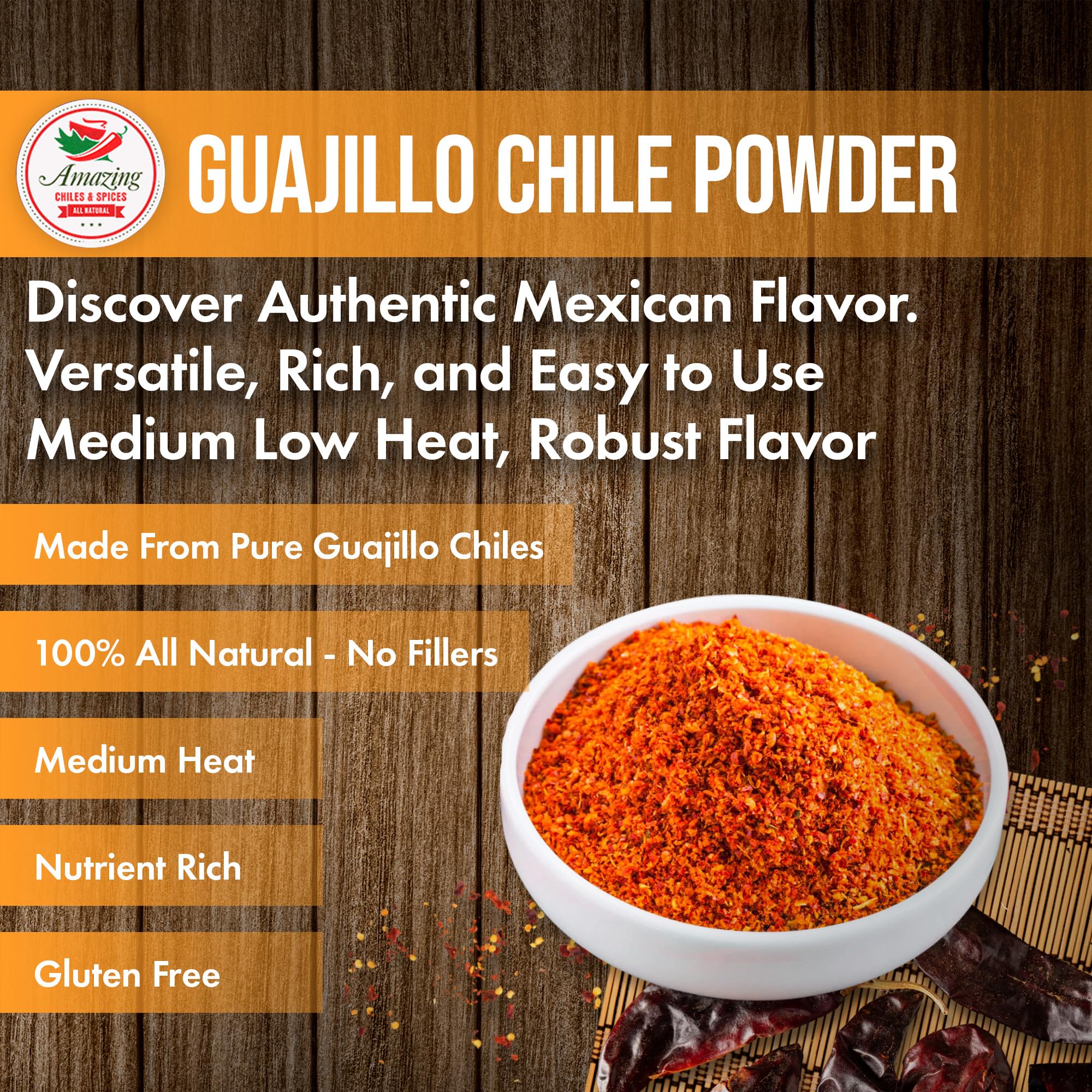 Guajillo Chile Powder Ground (8oz) - Natural and Premium. Great For Chili, Sauces, Stews, Salsa, Meat Rubs, Enchiladas, Mole and Tamales. Tangy