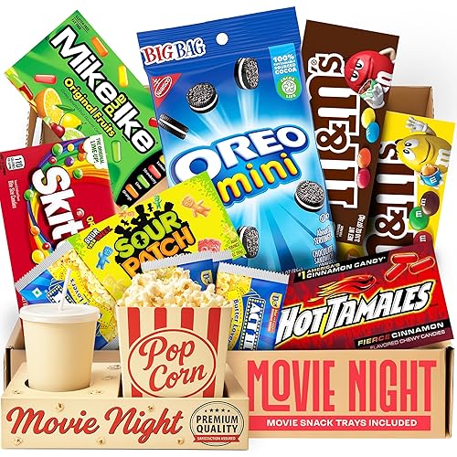 Movie Night Supplies: Candy Variety Pack - Movie Gift Basket Includes Theatre Candy Assortment, Snack Trays, Popcorn Buckets - Date Night Kit