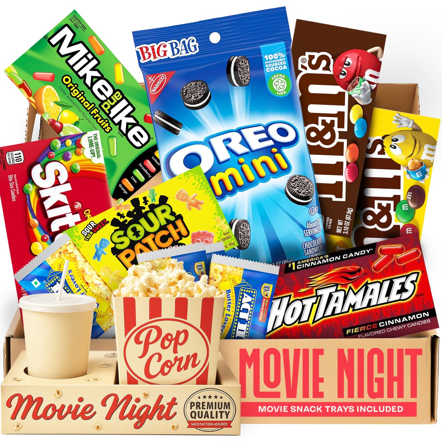 Movie Night Supplies: Candy Variety Pack - Movie Gift Basket Includes Theatre Candy Assortment, Snack Trays, Popcorn Buckets - Date Night Kit