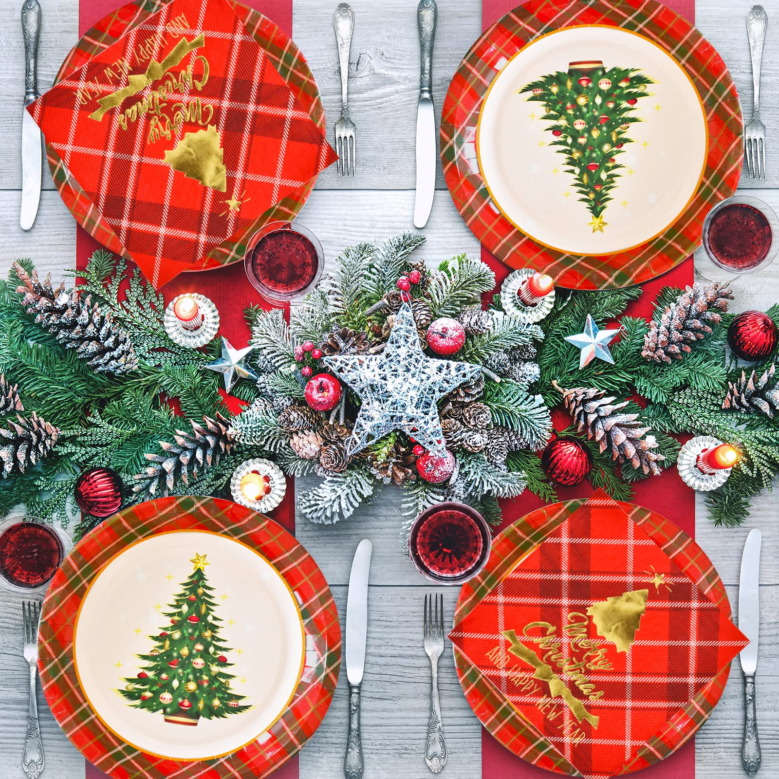 Gatherfun Christmas Party Supplies Christmas Tree Red Plaid Disposable Paper Dinner Plates Dessert Plates and Napkins for Party, Serve 20