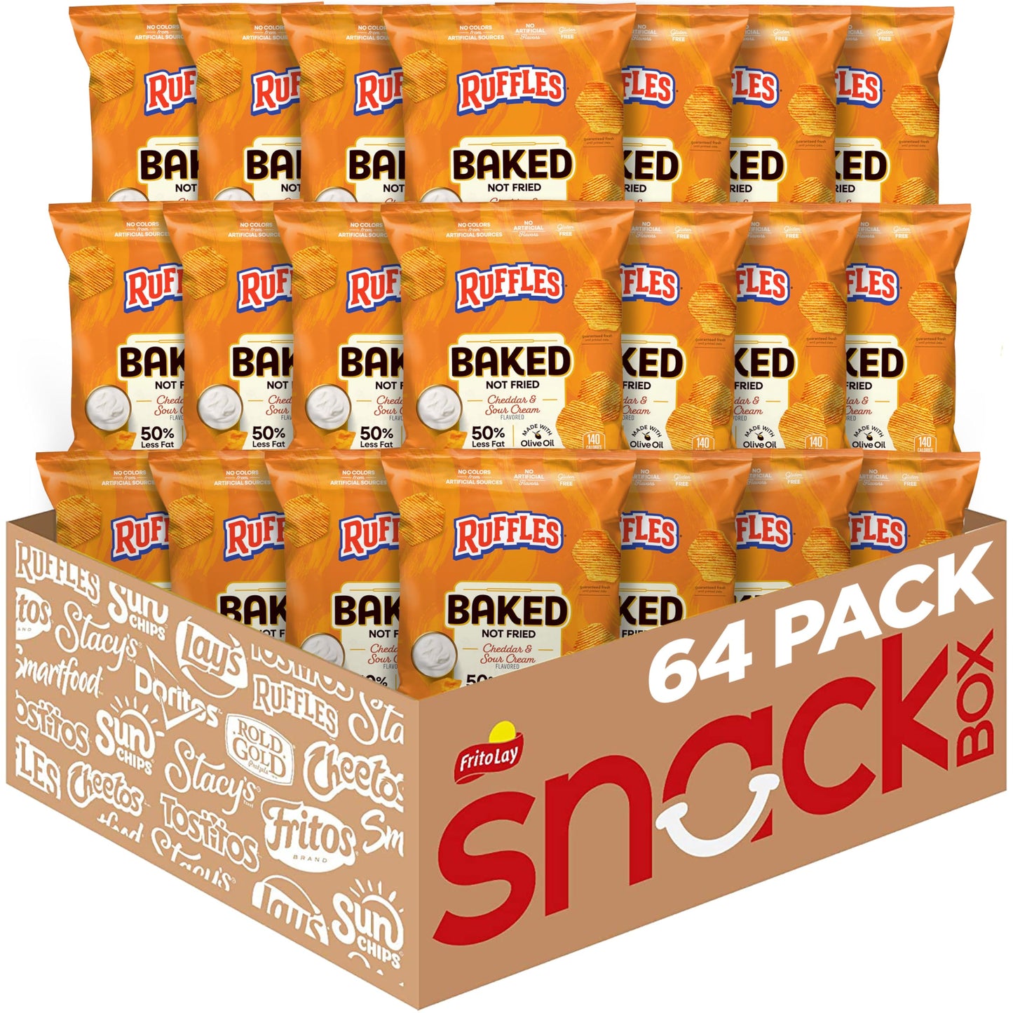 Baked Ruffles Potato Chips, Cheddar & Sour Cream, 1.125 oz Bags, (64 Pack), 50% Less Fat, Gluten Free, No Artificial Flavors, No Colors from