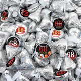 Happy 68th Birthday Party Favor Labels Chocolate Kisses Candy Stickers - 68 Years Old Birthday Round Candy Sticker Party Favors - Black and Red - 150