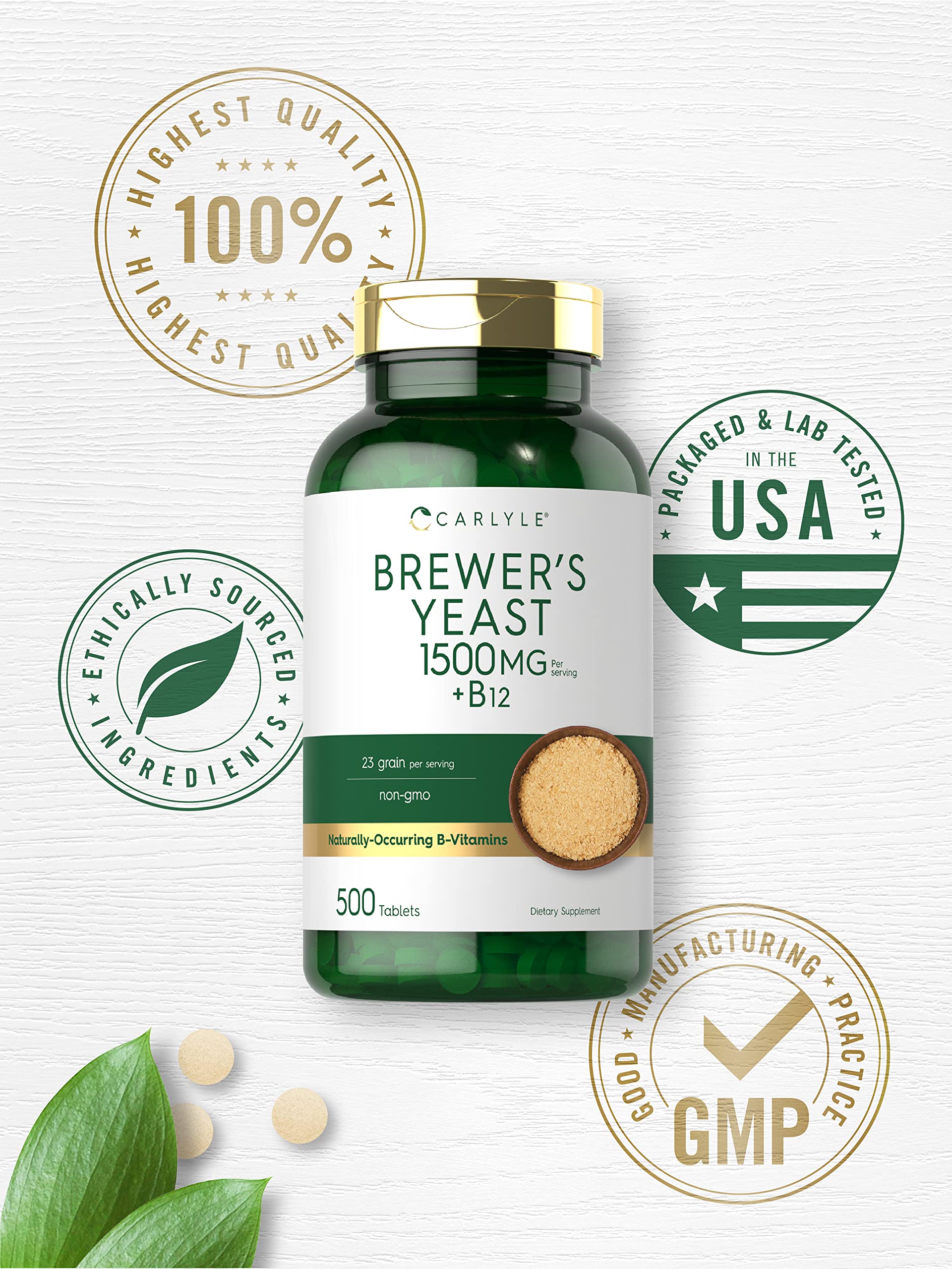 Carlyle Brewers Yeast Tablets with Vitamin B12 | 1500mg | 500 Count | Non-GMO & Vegetarian Supplement