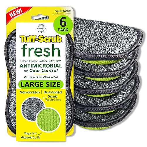 Fresh Tuff-Scrub Microfiber Scrub-N-Wipe Sponge Pads, Fabric with SILVADUR Odor Control and Charcoal-Infused Foam, 6-Pack Green Large Pads