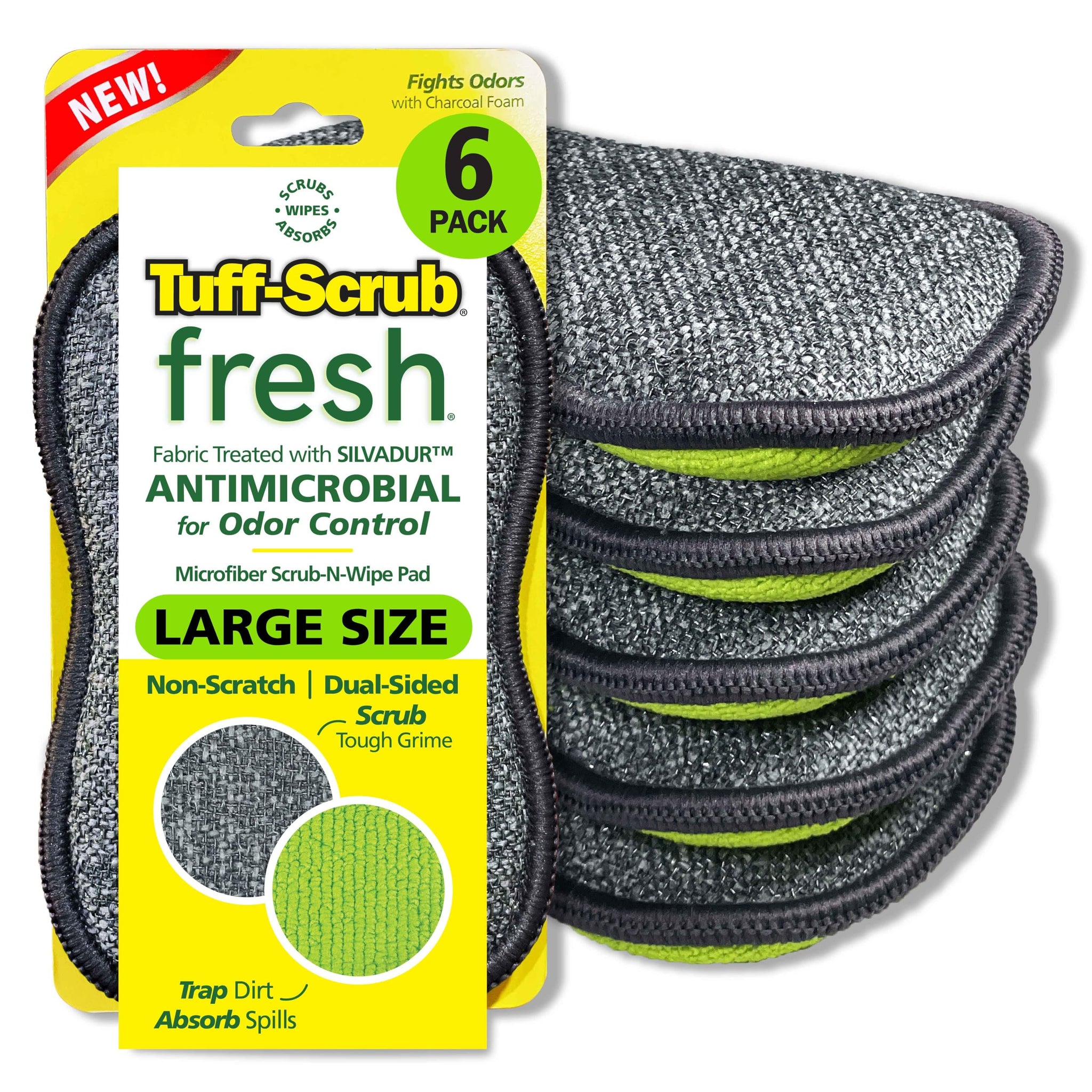 Fresh Tuff-Scrub Microfiber Scrub-N-Wipe Sponge Pads, Fabric with SILVADUR Odor Control and Charcoal-Infused Foam, 6-Pack Green Large Pads