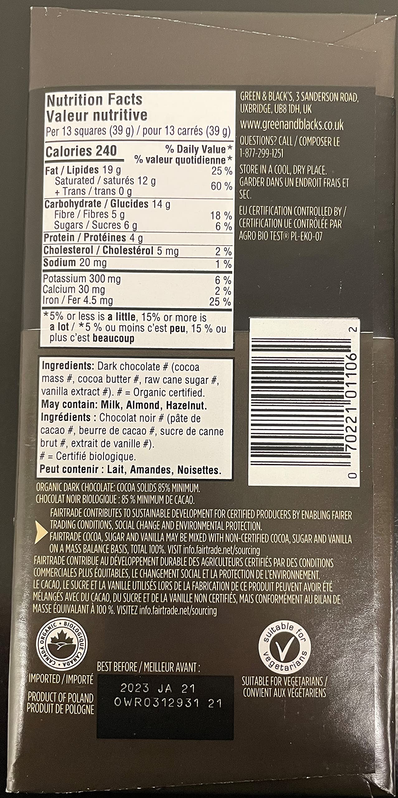 Green & Blacks Organic 85% Dark Chocolate, 90 GR