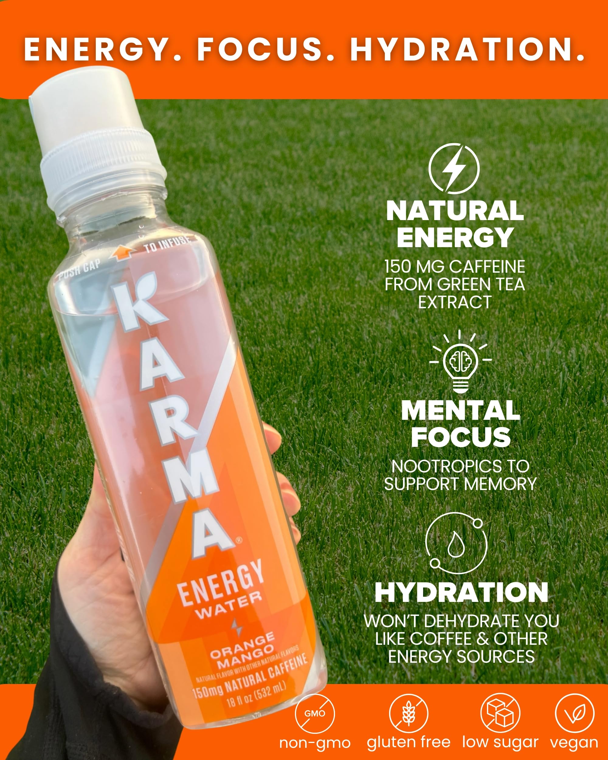 Karma Energy Drink - 12 Pack, Orange Mango Caffeinated Water with Cognizin® Nootropics, Vitamins & Immune Support, Low Calorie