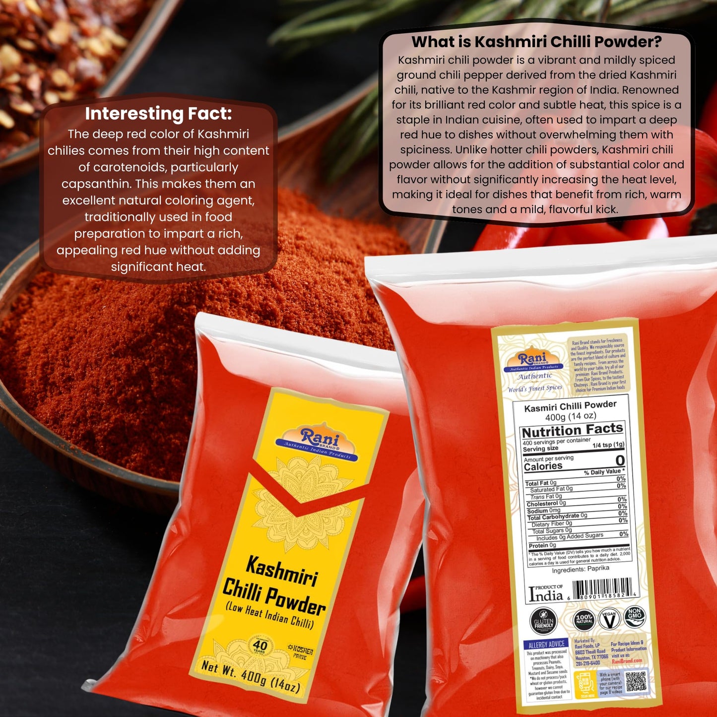 Rani Kashmiri Chilli Powder (Deggi Mirch, Low Heat) Ground Indian Spice 14oz (400g) ~ All Natural, Salt-Free | Vegan | No Colors | Gluten Friendly |