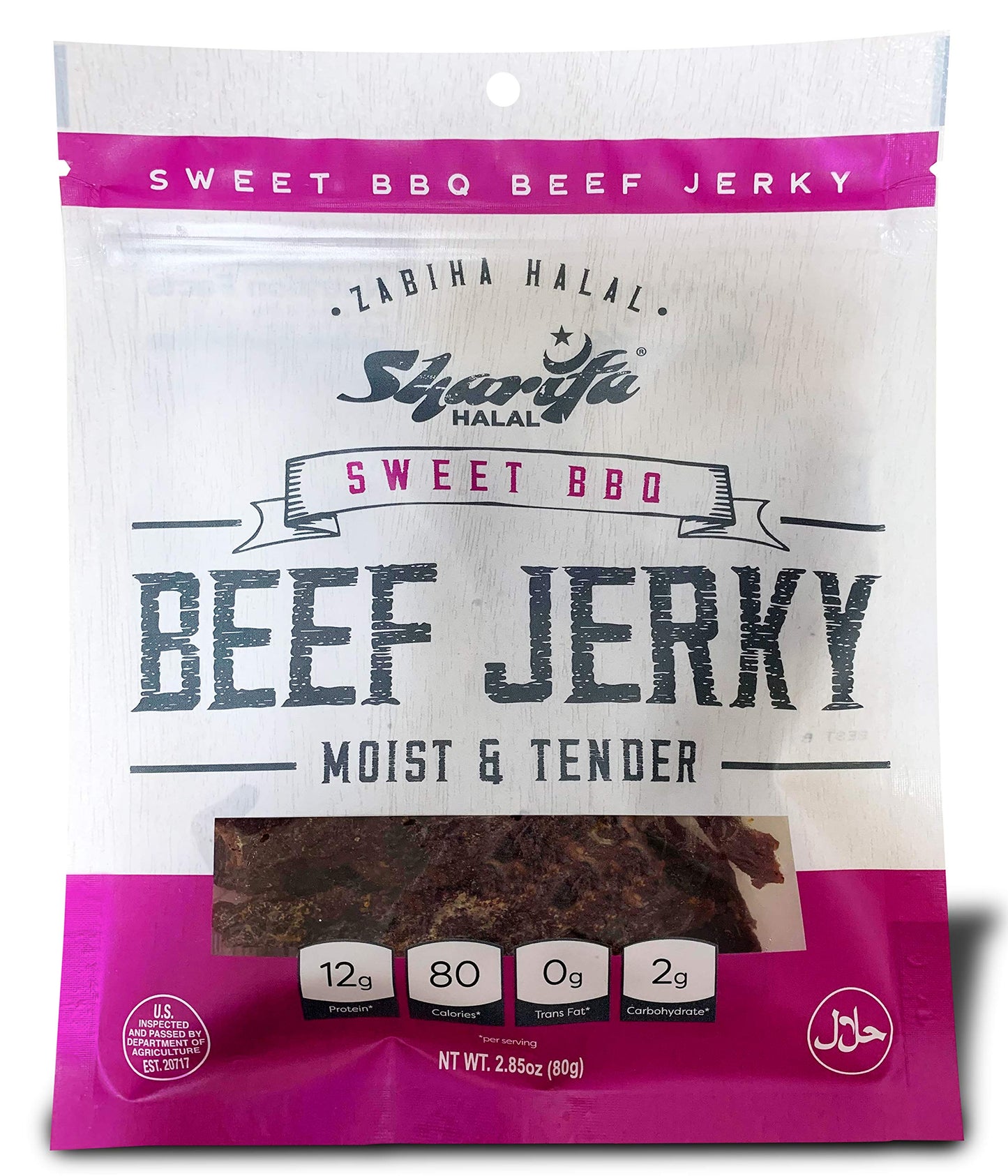 Sharifa Halal Beef Jerky, Sweet BBQ, (1) 2.85 oz. Bag - Great Everyday Halal Jerky Beef Meat Snack, 100 % Real Zabiha Halal Beef, 12g of Protein, 80