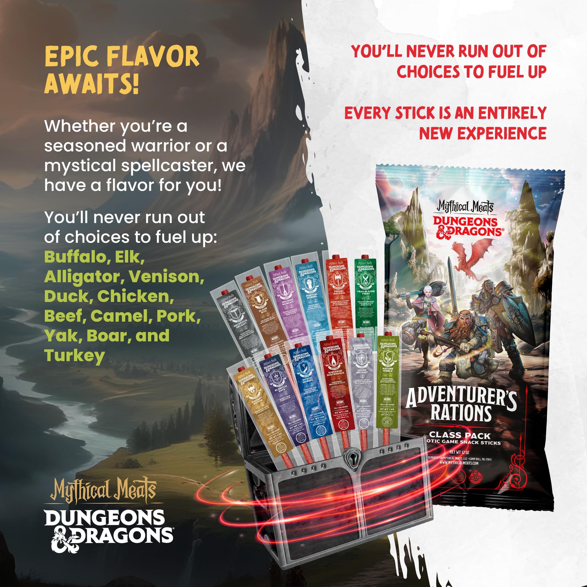 Mythical Meats Beef Jerky Snack Packs - Dungeons and Dragons gifts for Men - Exotic Meat Stick Variety Pack - High Protein, Low Sugar, Keto-Friendly
