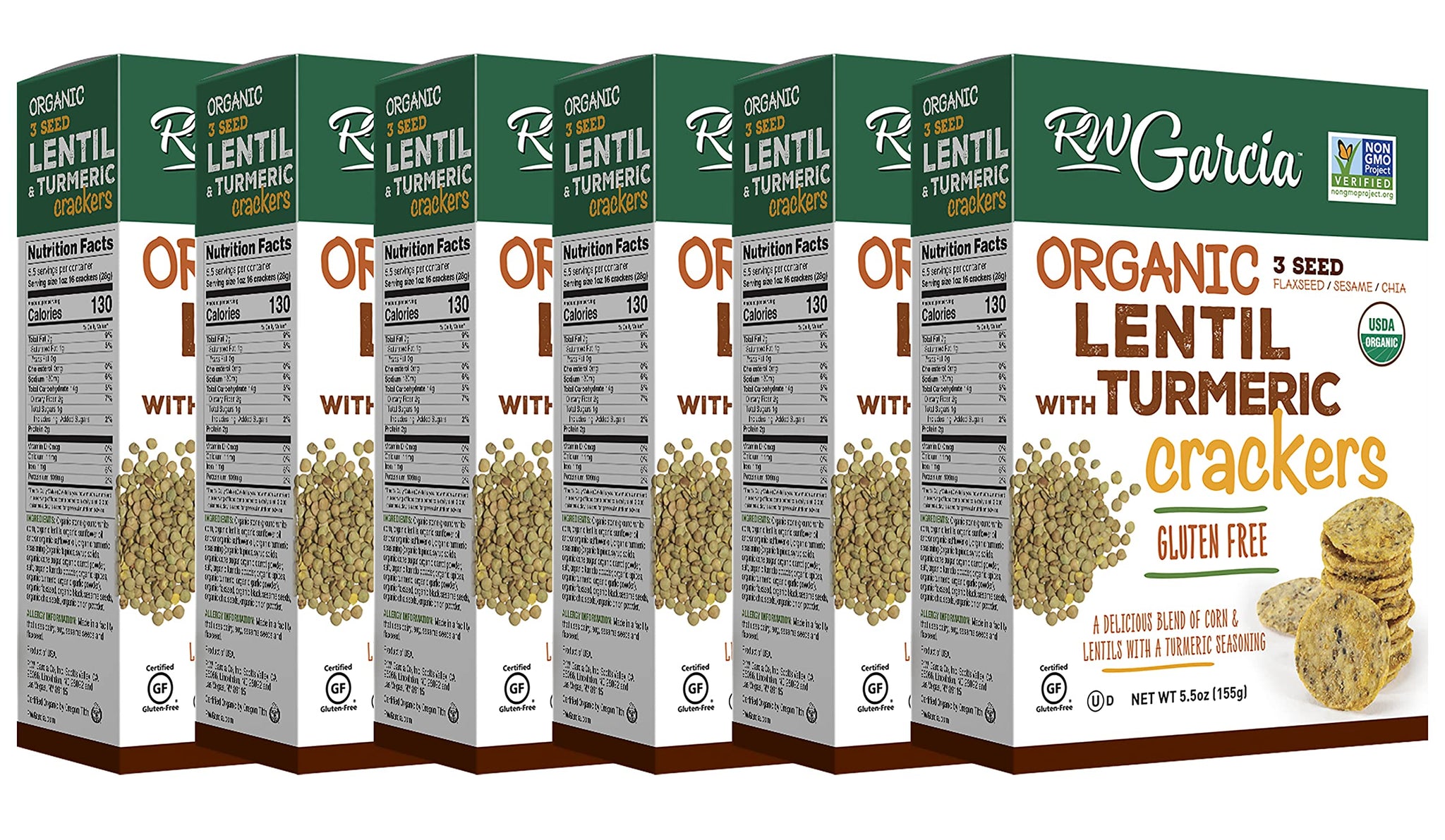 RW Garcia Organic Lentil & Turmeric Crackers, Gluten Free, 5.5oz Boxes, 6 Pack