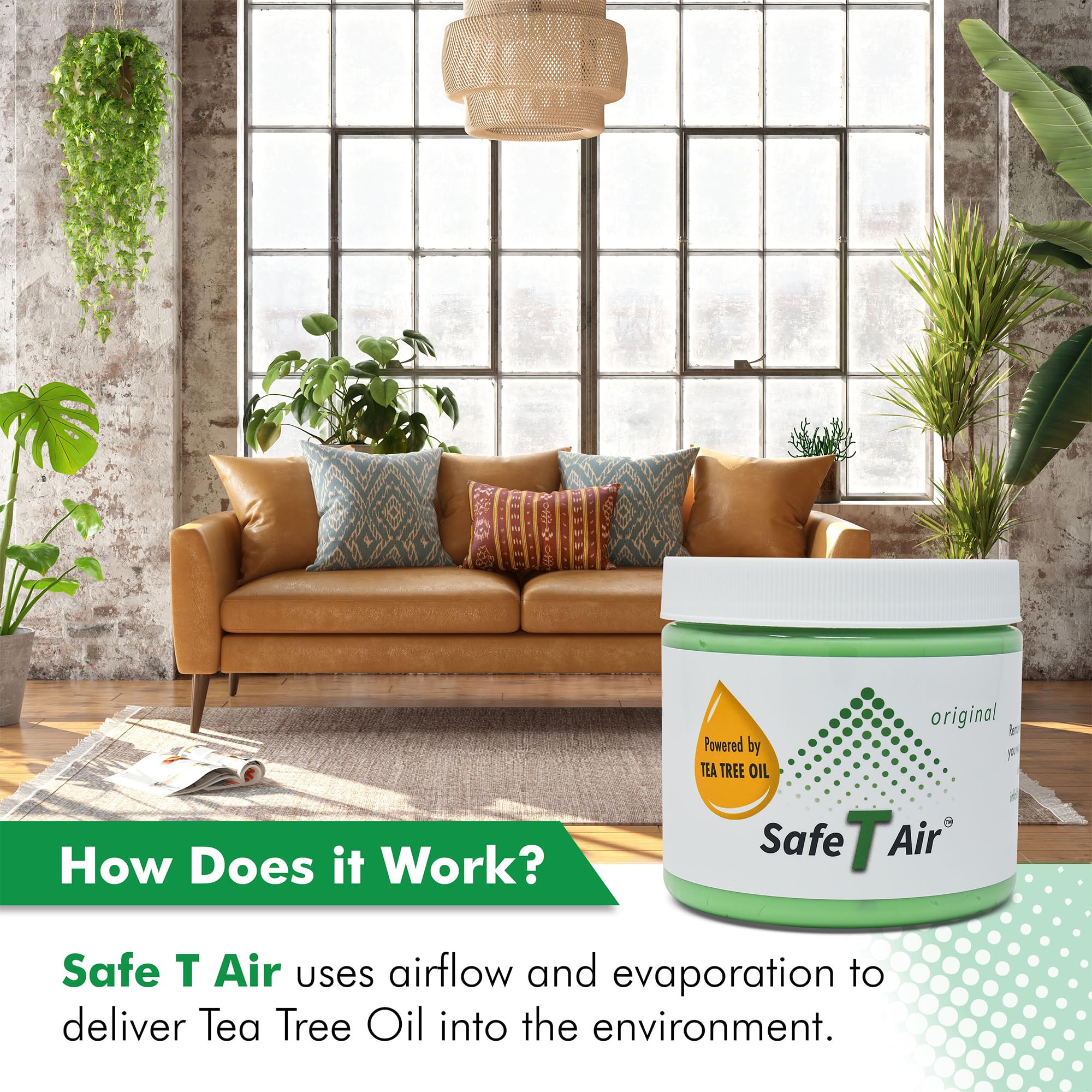 Safe T Air Tea Tree Oil Air Freshener Gel - Natural Odor Eliminator for Car, Home & Bathroom - Removes Smoke, Pet & Musty Odors - Long Lasting