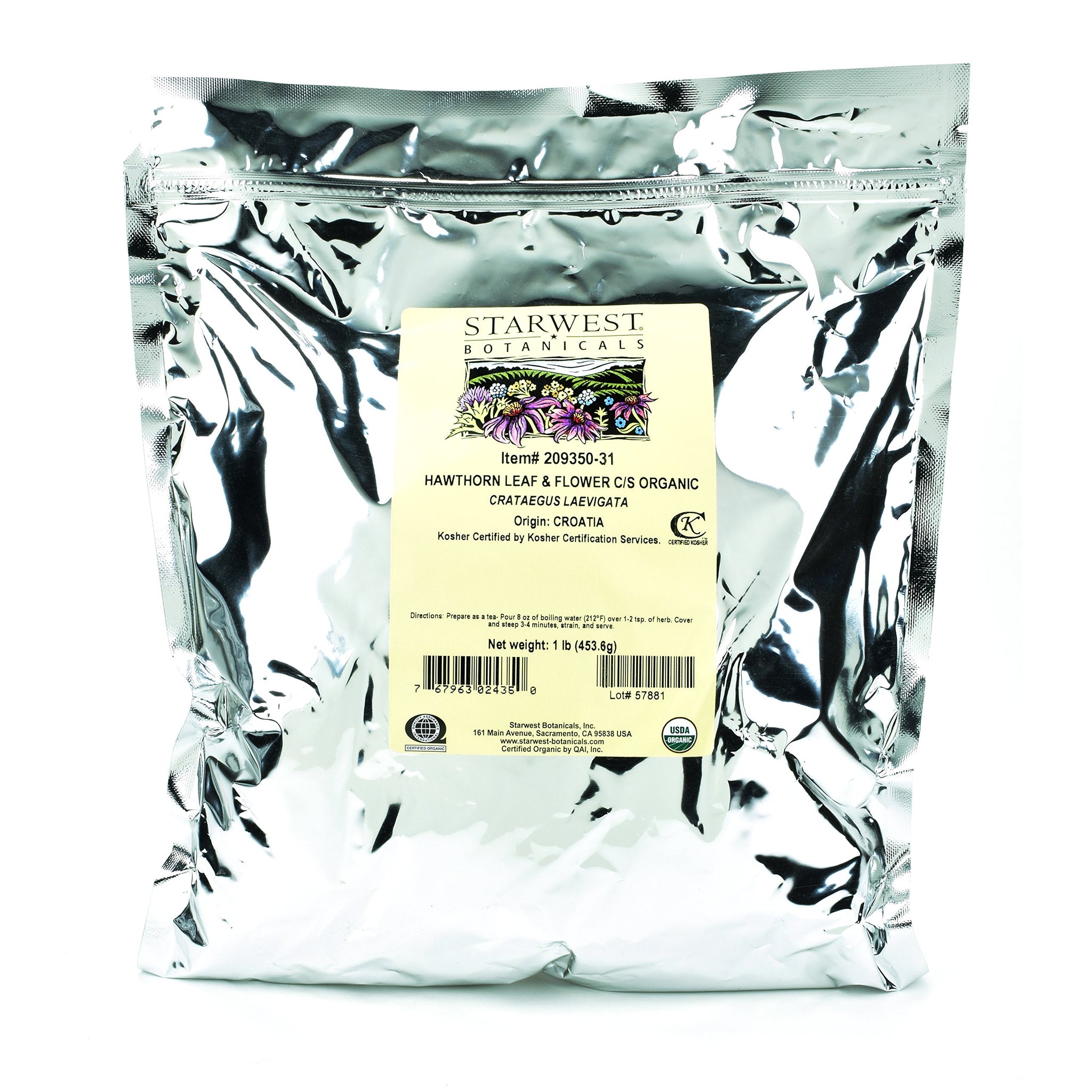 Starwest Botanicals Organic Hawthorn Leaves & Flowers - Dried Loose Leaf Herb for Tea, Cut & Sifted, Certified Kosher, Non-GMO - Bulk 1 lb Bag