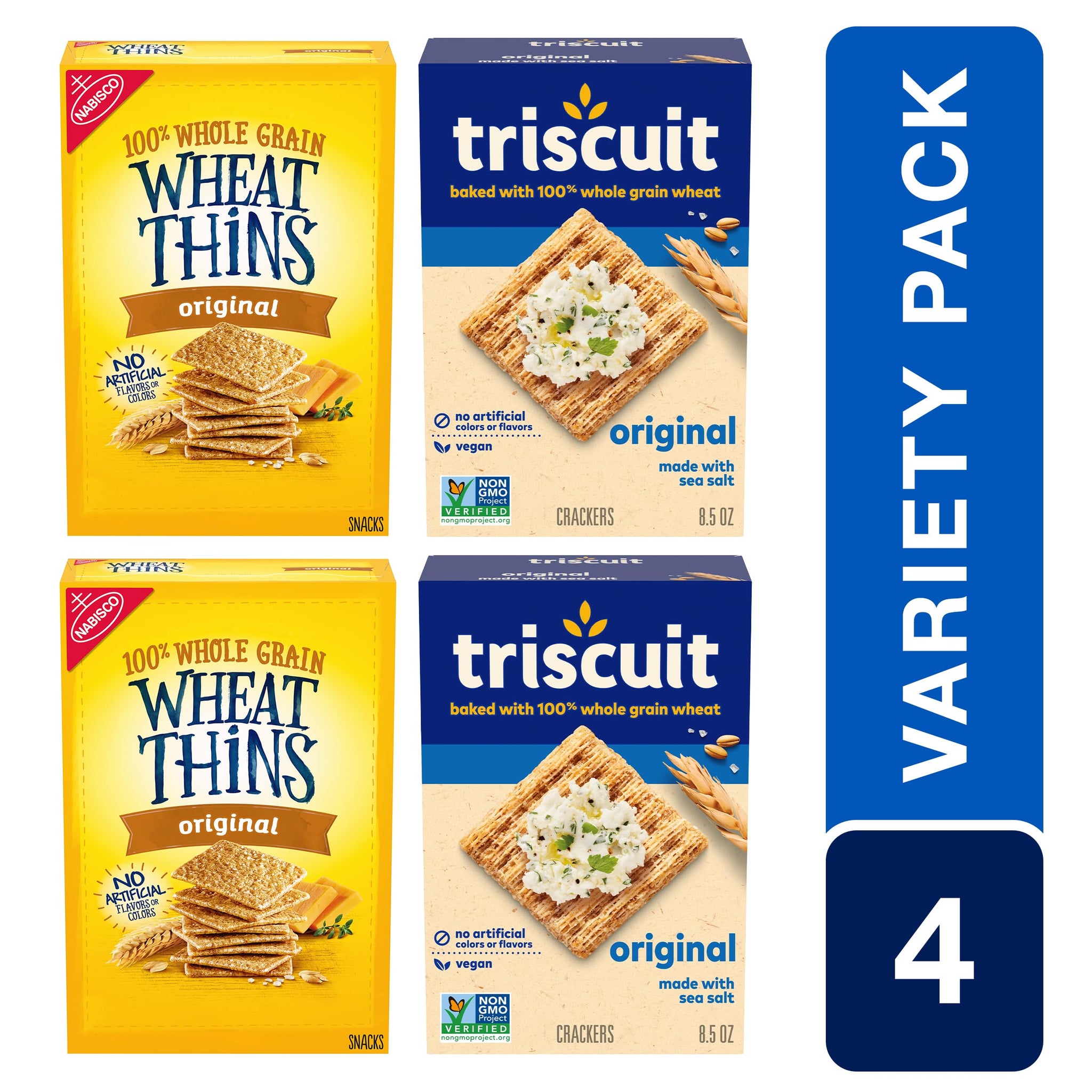 Triscuit Original Whole Grain Wheat Vegan Crackers and Wheat Thins Original Whole Grain Wheat Snacks Variety Pack, Bulk Snacks, 4 Boxes