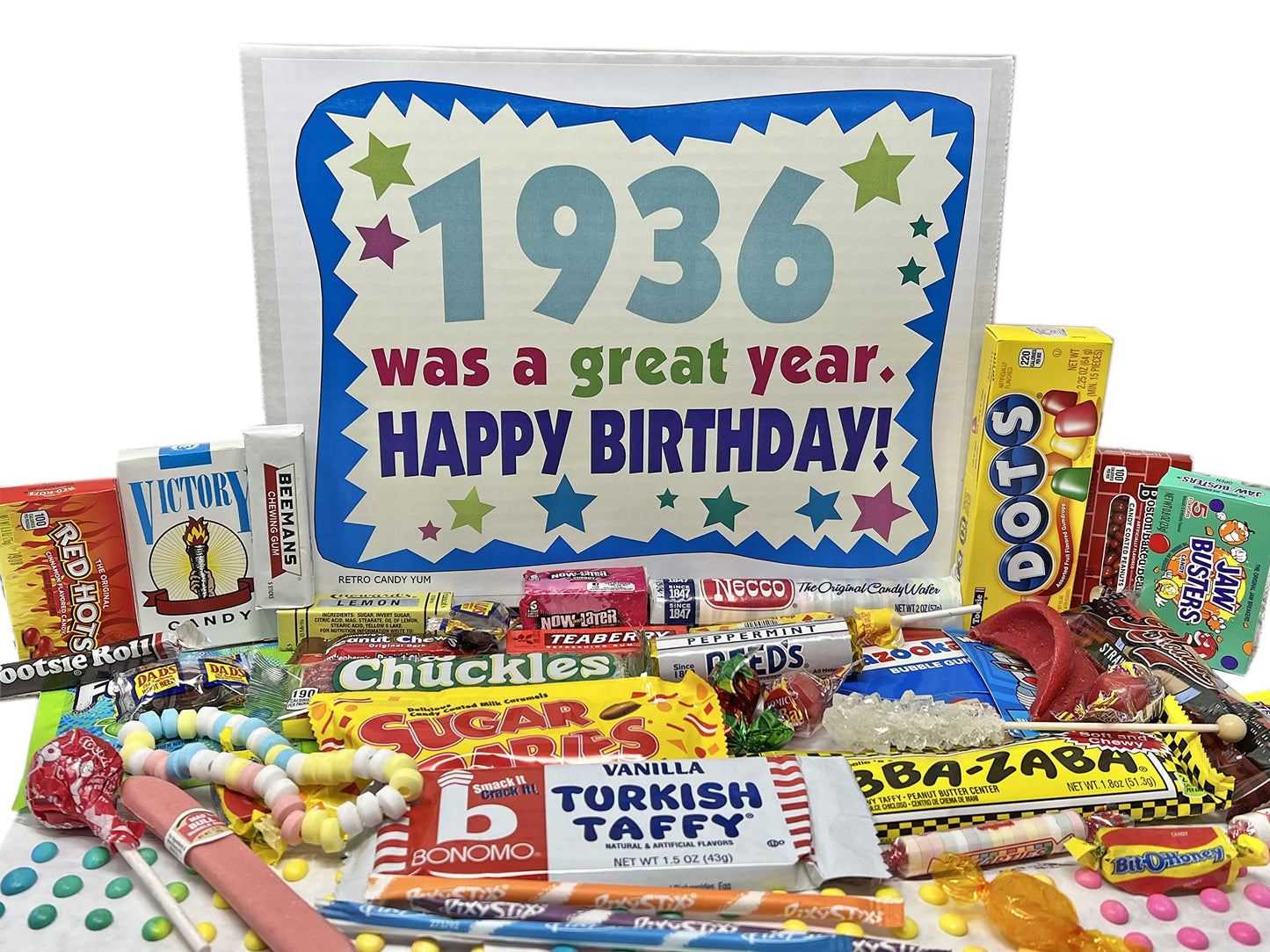 RETRO CANDY YUM ~ 1936 90th Birthday Gift Box of Nostalgic Candy from Childhood for 90 Year Old Man or Woman Born 1936