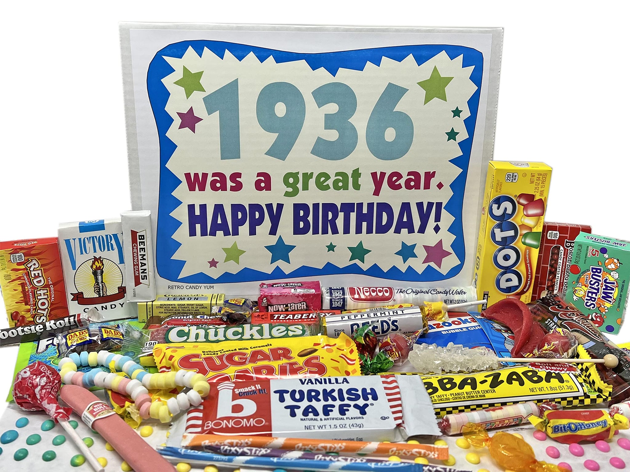 RETRO CANDY YUM ~ 1936 90th Birthday Gift Box of Nostalgic Candy from Childhood for 90 Year Old Man or Woman Born 1936