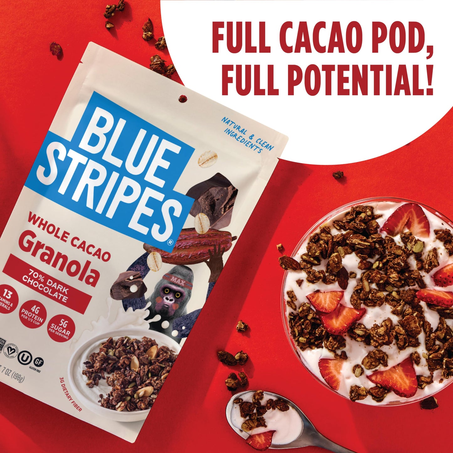 Blue Stripes Whole Cacao Granola - Gluten Free 70% Dark Chocolate Granola for Cereal, Oatmeal, Yogurt, 5g Protein Per Serving, Source of Fiber, Vegan