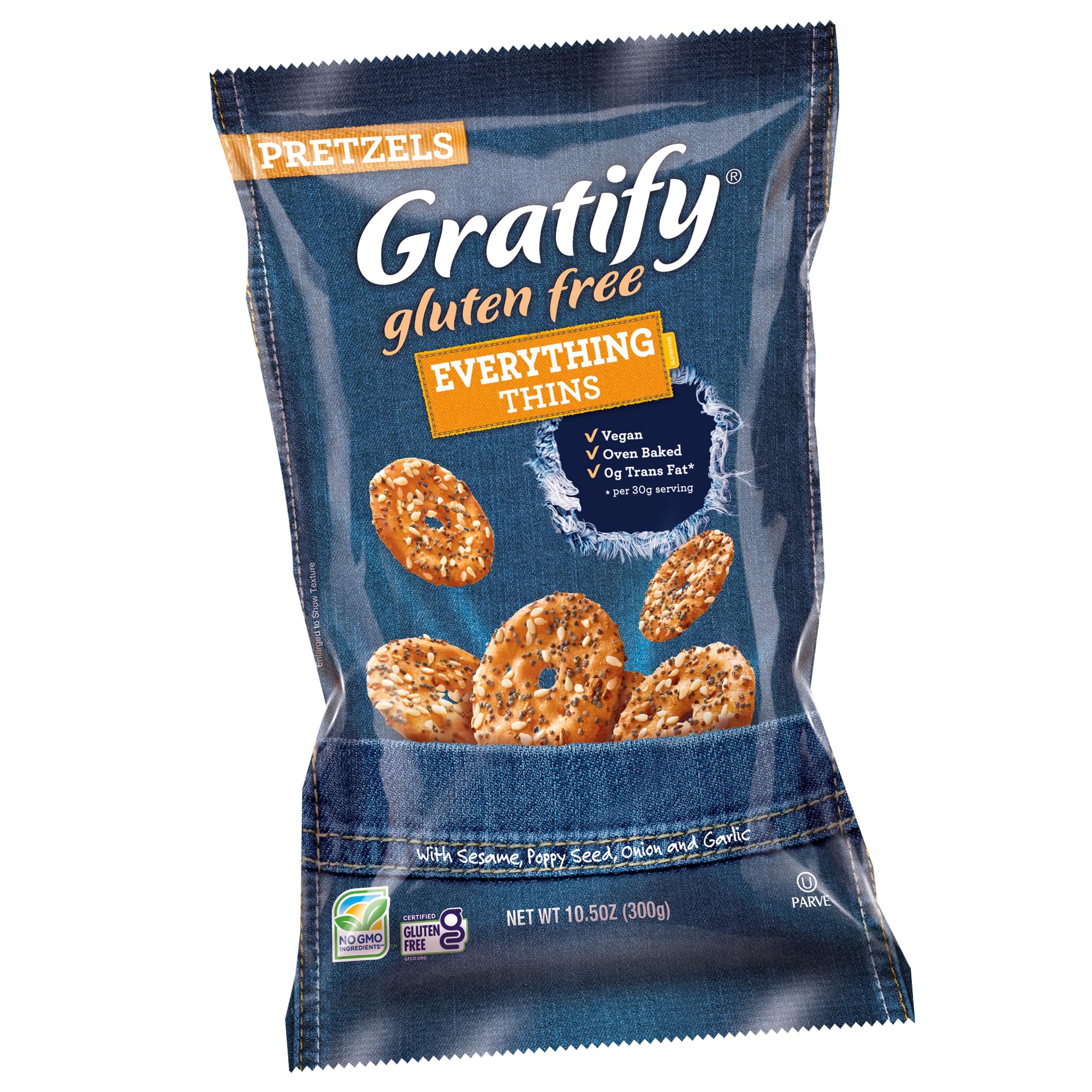 Osem Gratify Gluten Free Everything Thins - Gratify Gluten Free Pretzel Crisps, GF Party Snack Bags, Thins with Onion & Garlic Seasoning - 10.5 oz Bag