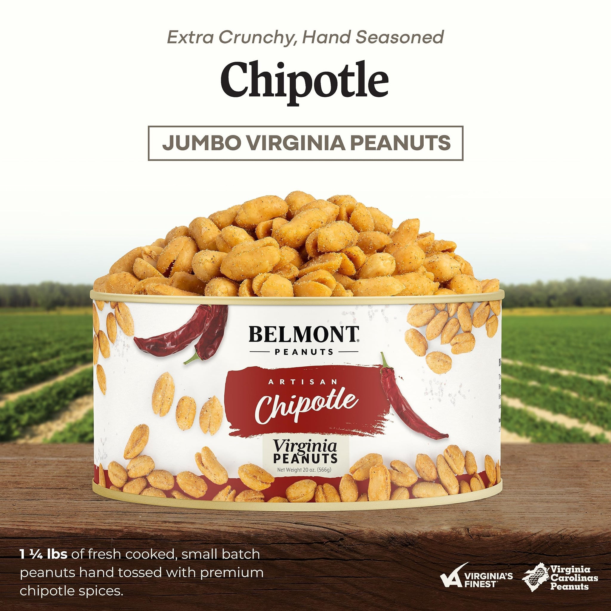 Belmont Peanuts Gourmet Chipotle & Sea Salt Virginia Peanuts, 20 oz (1 Pack) - Simple Ingredients, No Preservatives, 7g Protein - A Spicy, Salty