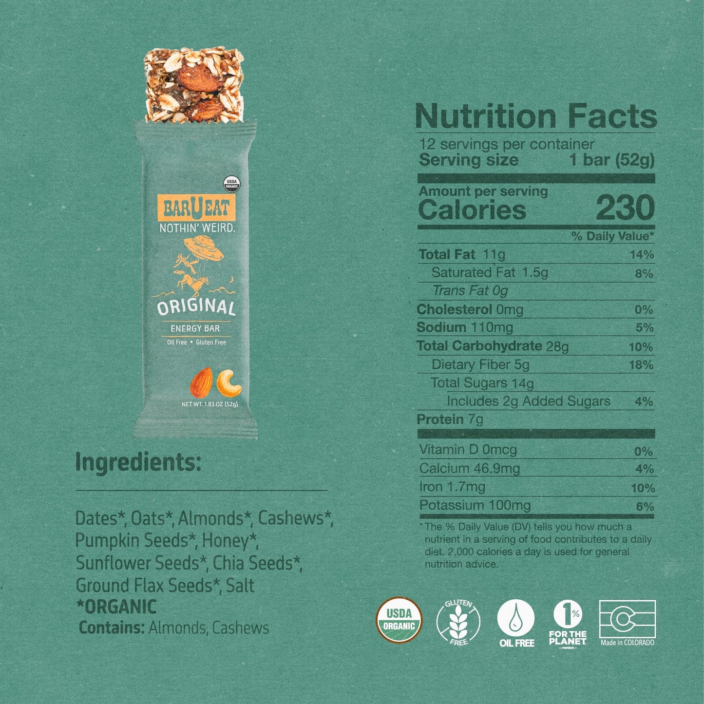 BAR-U-EAT Gluten-Free, Organic, Soft & Chewy Granola Bar. Whole Food Ingredients | Compostable Packaging | No Articial Sugar (Original 12 Pack)