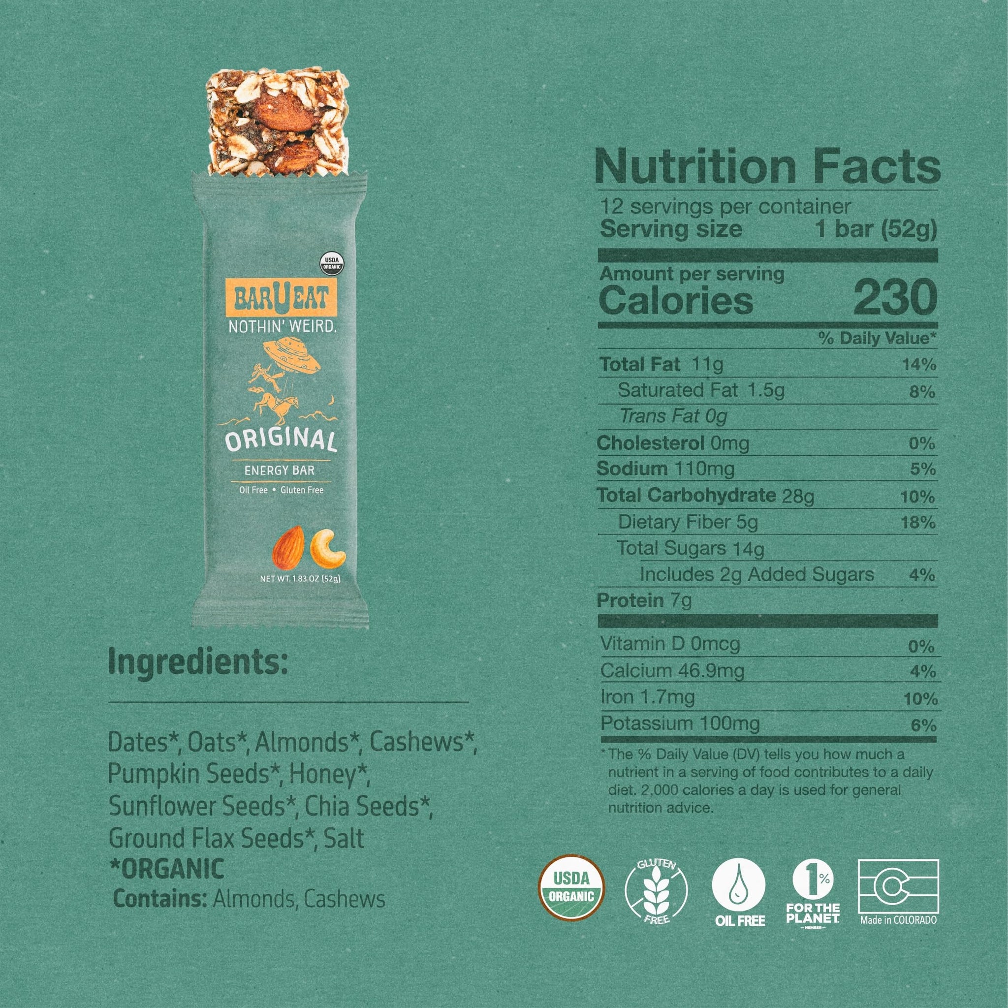 BAR-U-EAT Gluten-Free, Organic, Soft & Chewy Granola Bar. Whole Food Ingredients | Compostable Packaging | No Articial Sugar (Original 12 Pack)
