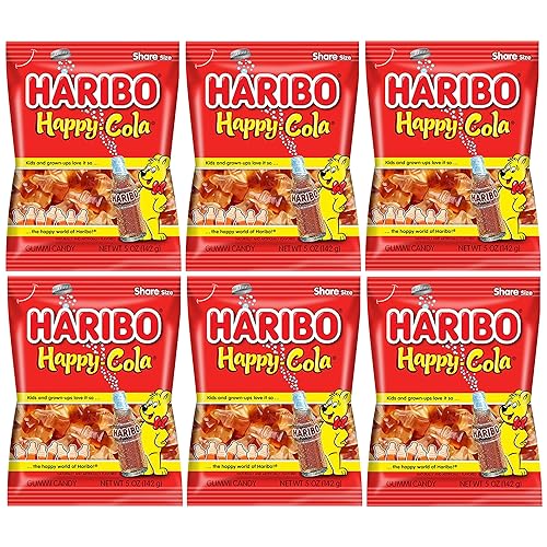 Haribo Happy Cola Gummy Candy Pack of 6 (5oz Bags) American Dulces Candy Pack for Halloween, Easter & More in a King of Sweets Bulk Bag
