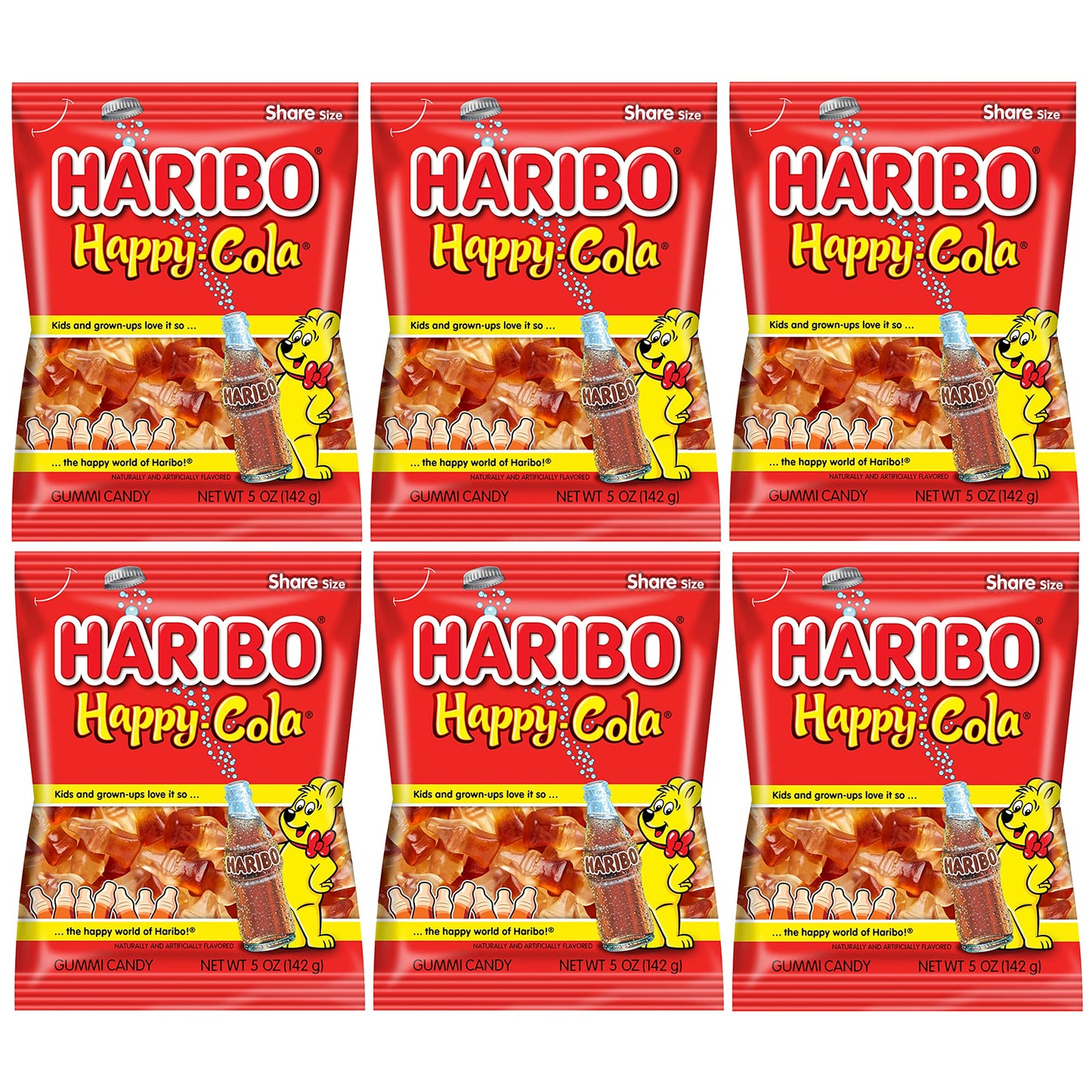 Haribo Happy Cola Gummy Candy Pack of 6 (5oz Bags) American Dulces Candy Pack for Halloween, Easter & More in a King of Sweets Bulk Bag