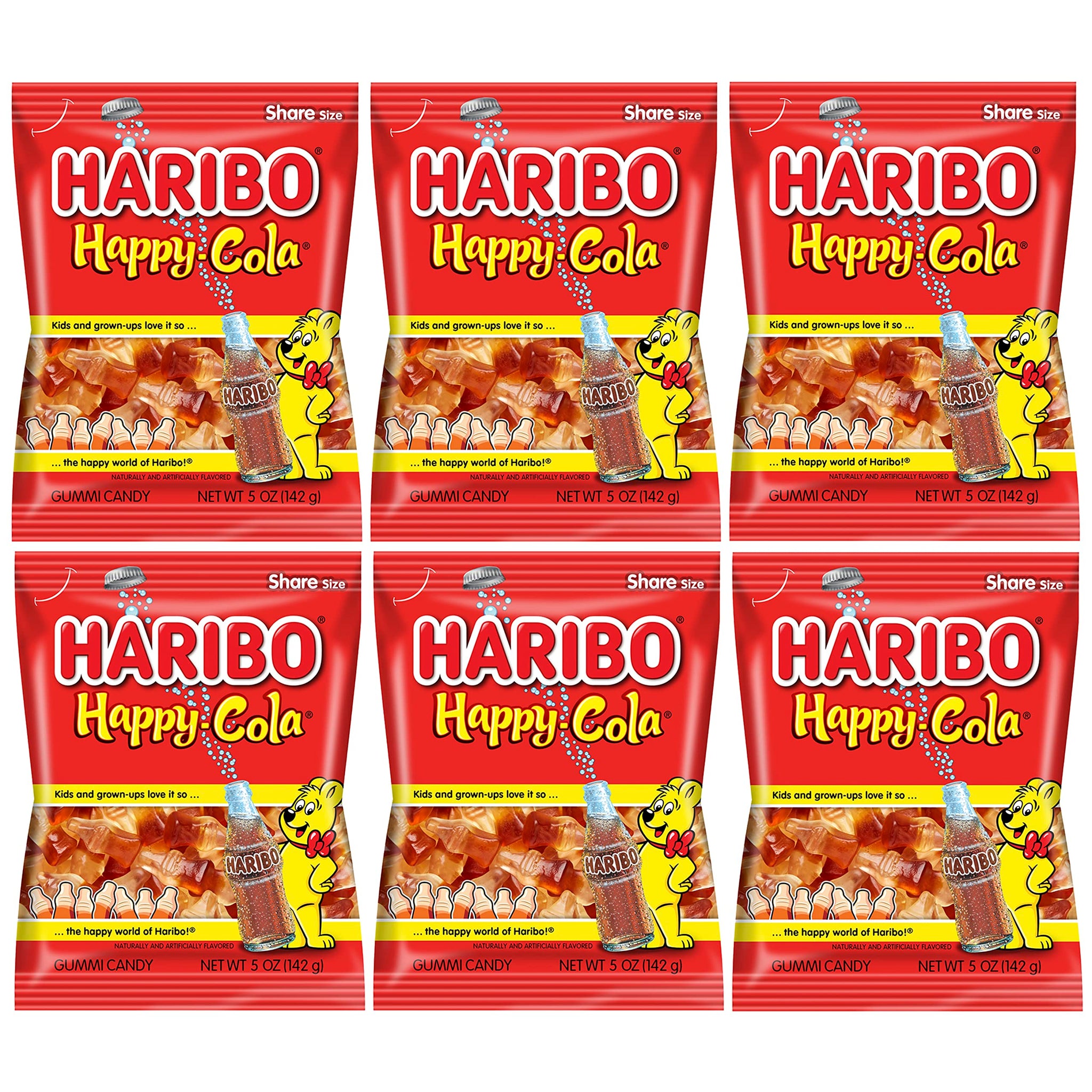 Haribo Happy Cola Gummy Candy Pack of 6 (5oz Bags) American Dulces Candy Pack for Halloween, Easter & More in a King of Sweets Bulk Bag