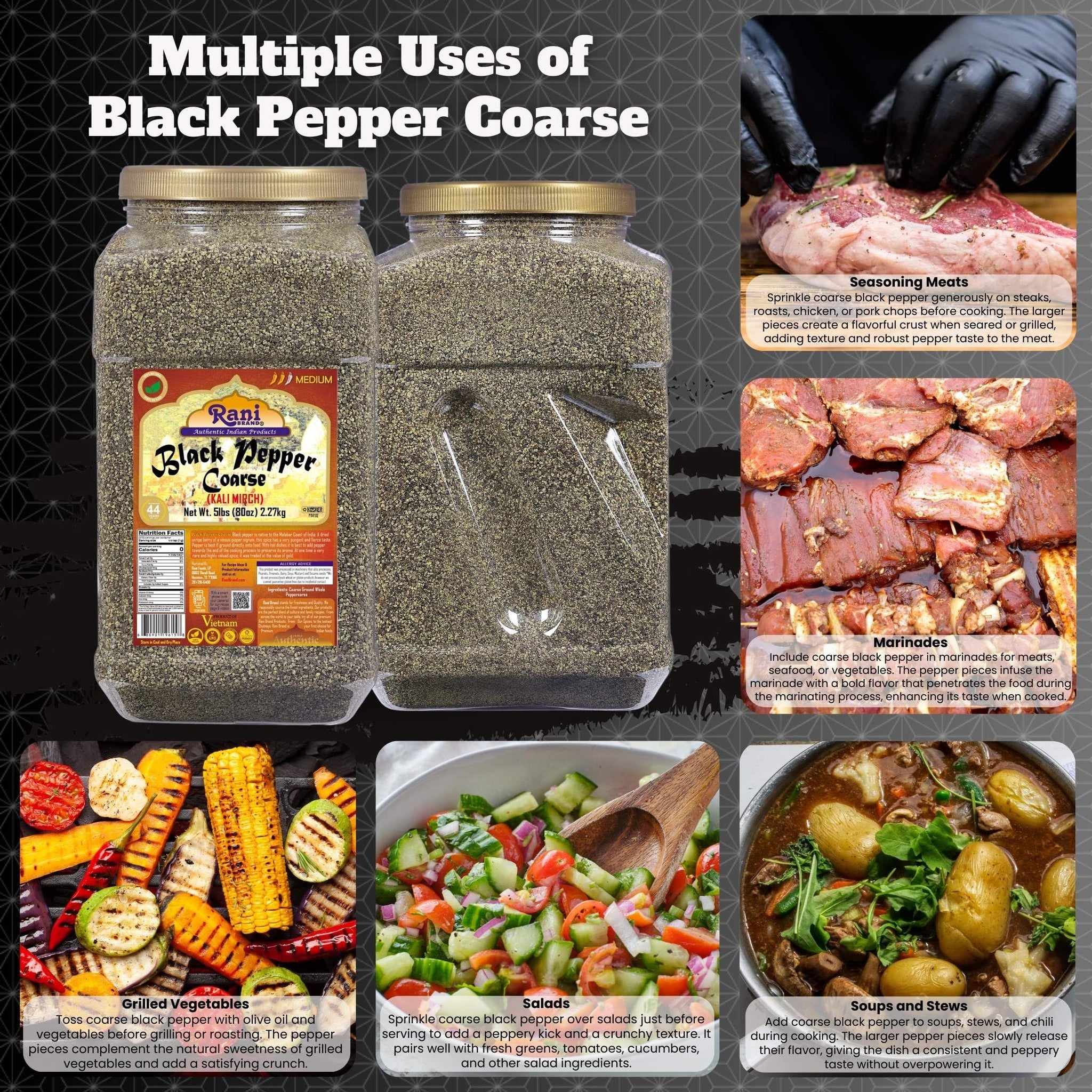 Rani Black Pepper Coarse Ground 28 Mesh (Table Grind) 80oz (5lbs) 2.27kg Bulk PET Jar ~ All Natural | Vegan | Gluten Friendly | NON-GMO | Kosher |