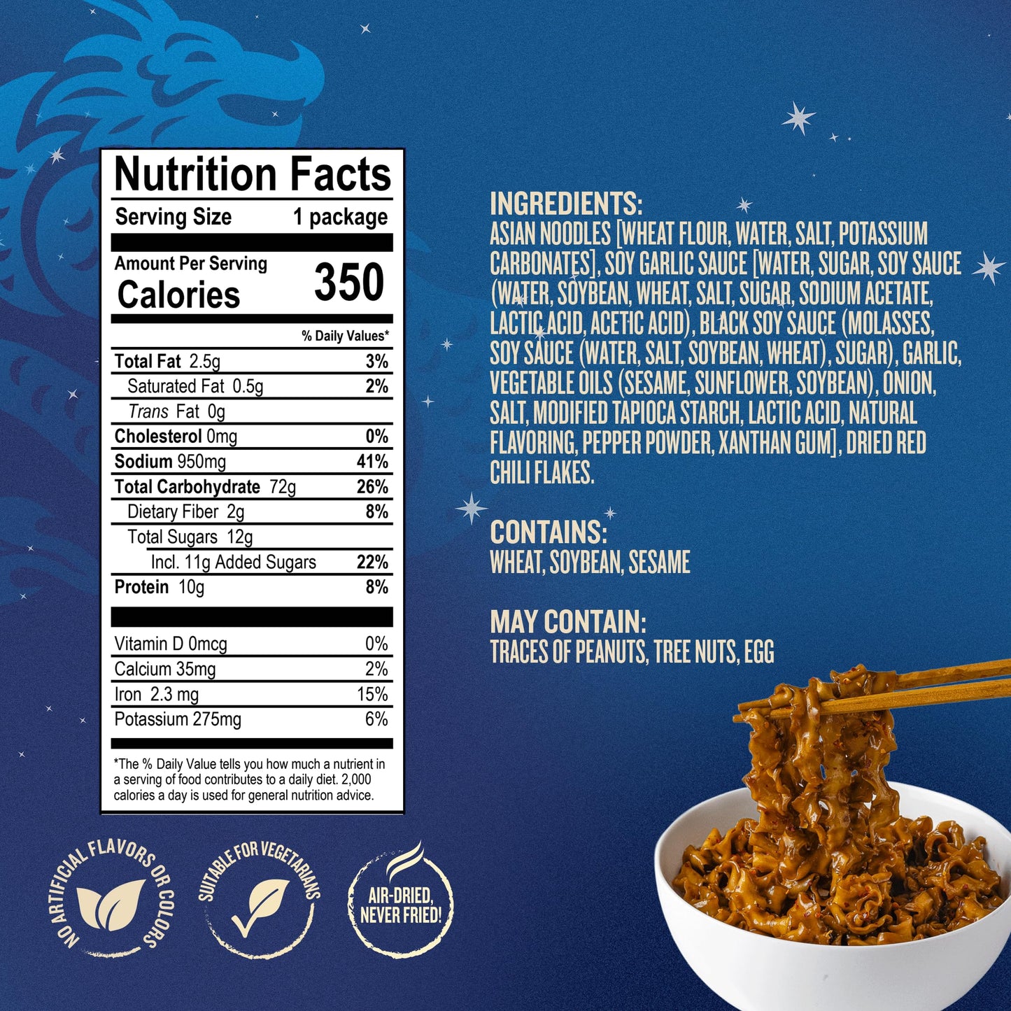 Blue Dragon Soy Garlic Saucy Noodles - 4.2oz (Pack of 3) - Knife Cut Air Dried Noodles w/Soy Garlic Sauce & Chili Garnish - Quick & Easy Meal