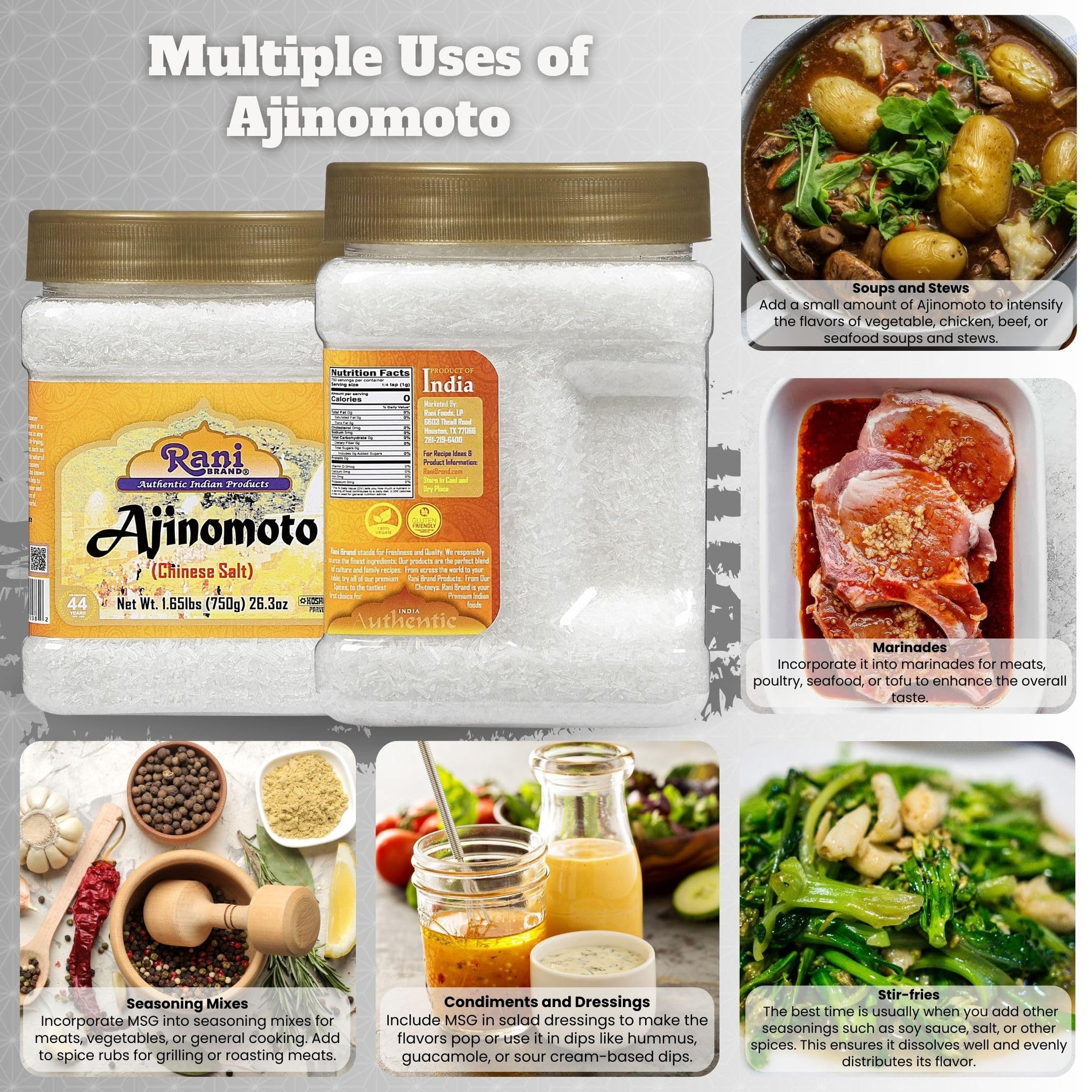 Rani Ajinomoto (Chinese Salt) 26.3oz (1.65lbs) 750g PET Jar ~ Umami Seasoning, Perfect for stir-frying, roasting, soups, salads & dressings | Gluten
