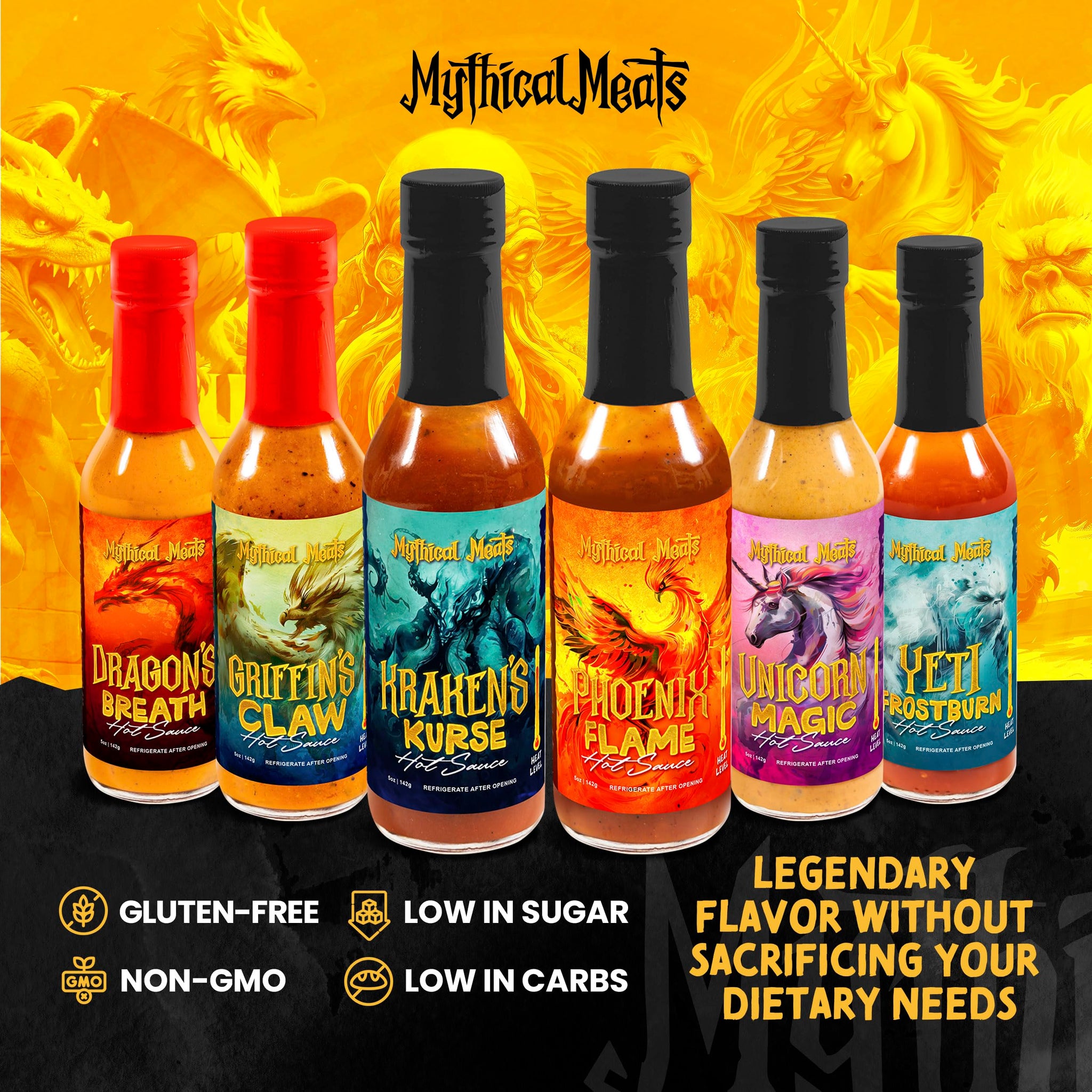 Mythical Meats Hot Sauce 6 Pack Gift Box - Small Batch Made with Natural Ingredients - Gluten Free, Non-GMO - (6) 5 OZ. Bottles