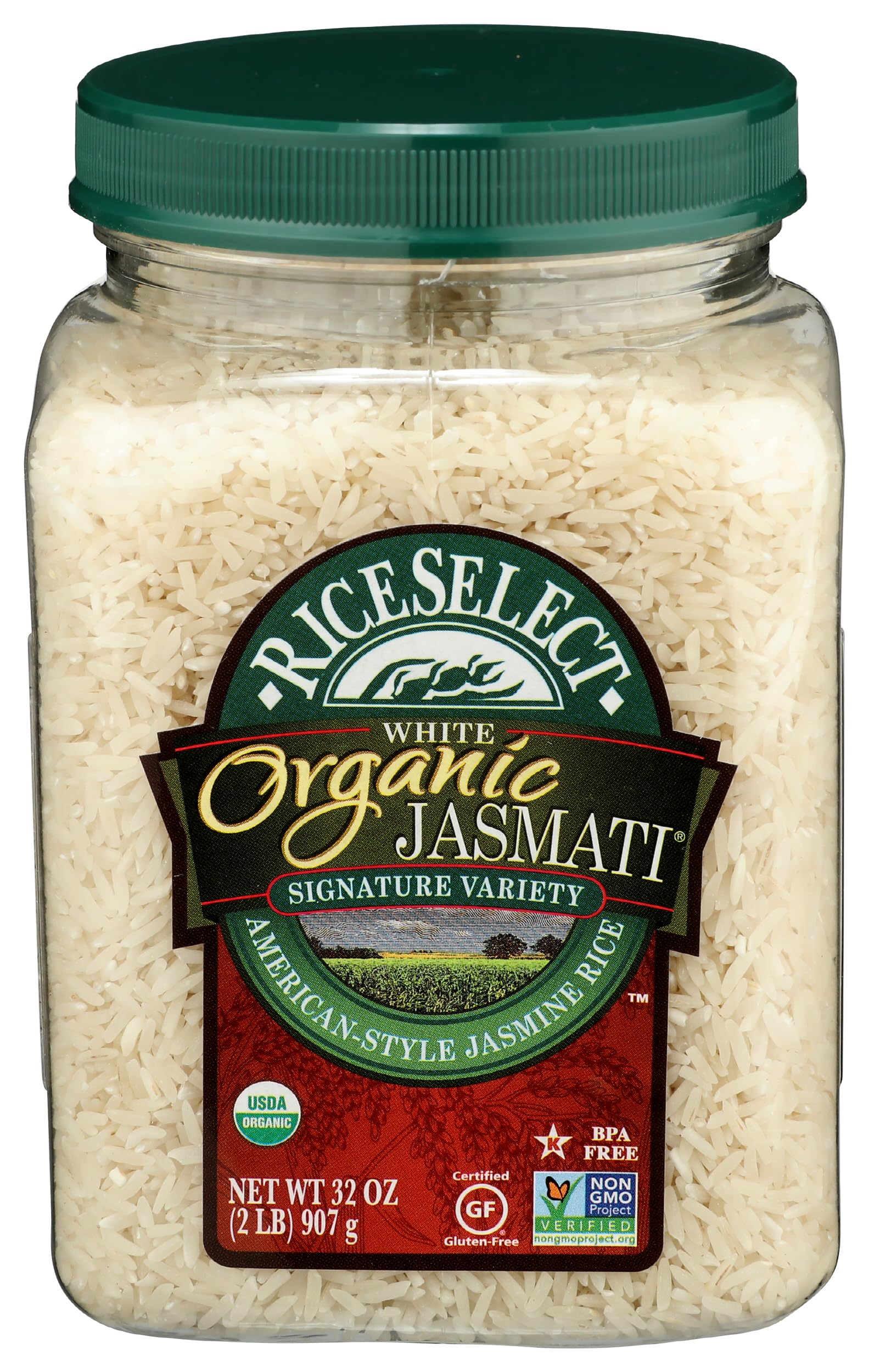 RiceSelect Organic Jasmati Rice, Premium Long Grain Organic American Jasmine Rice for Asian-Inspired Recipes, Gluten-Free, Non-GMO, Kosher, 32oz Jar (Pack of 1)